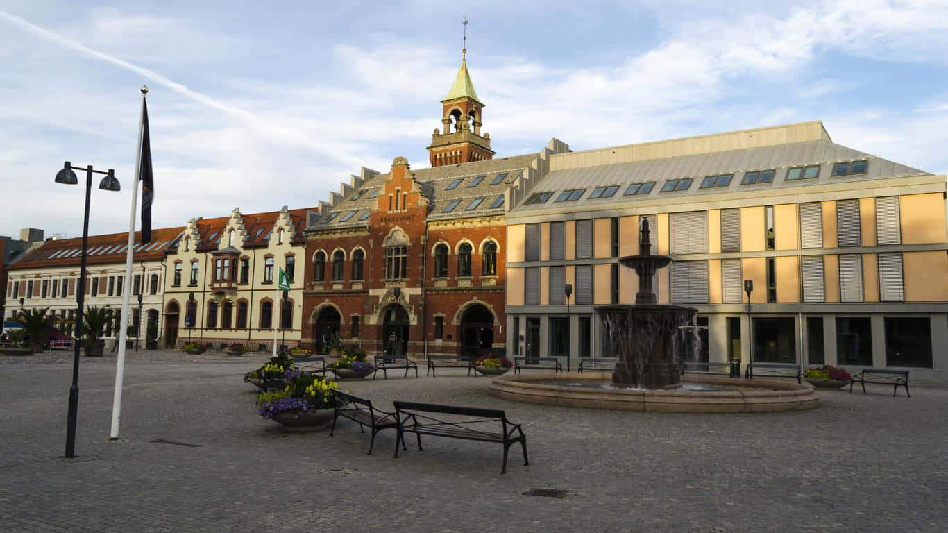 Kristiansand, town square, fountain, HD Desktop Wallpaper