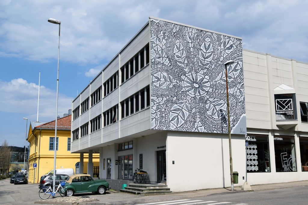 Kristiansand, artistic building facade, black and white floral mural, SD Desktop Wallpaper