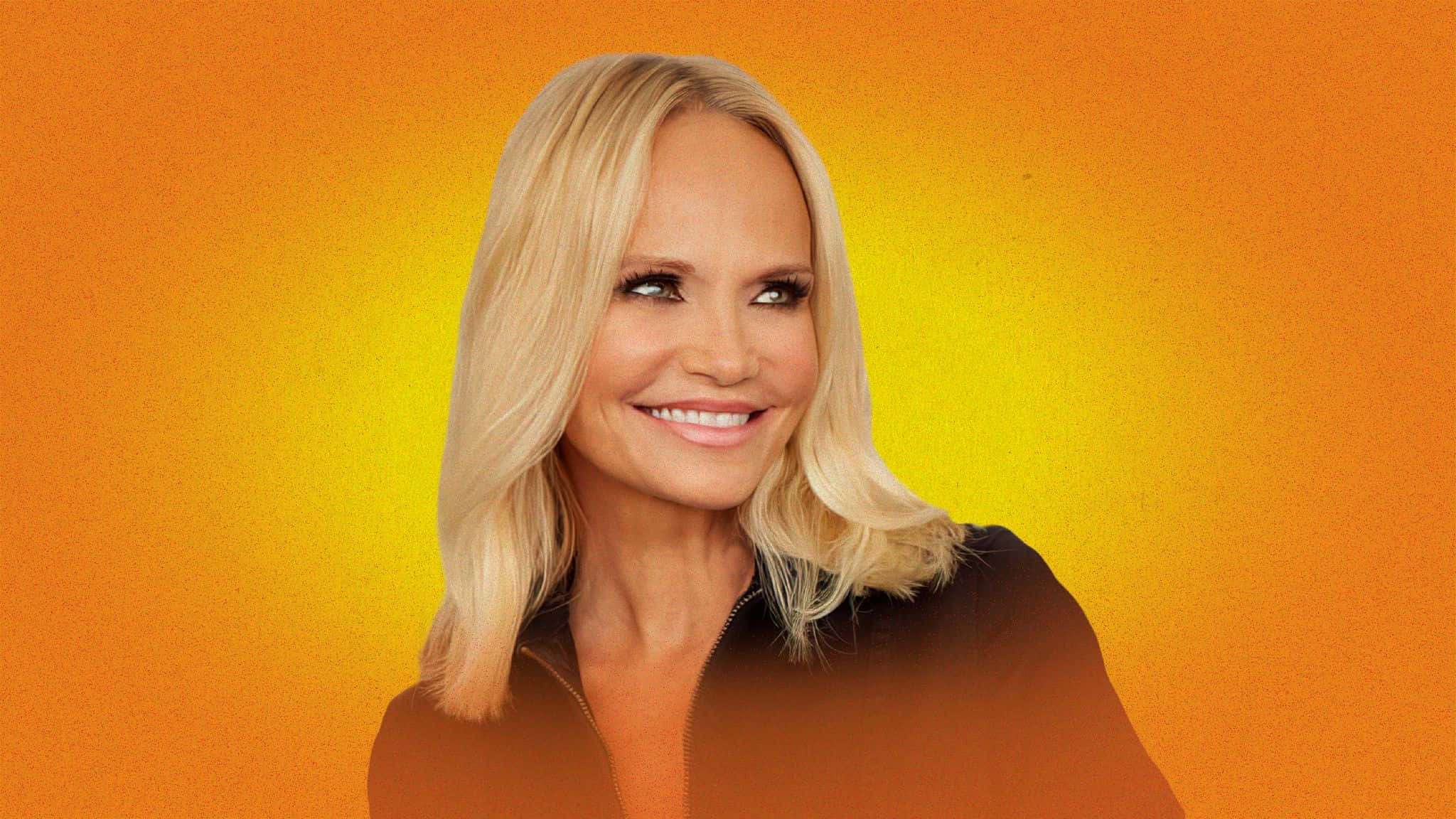 Kristin Chenoweth, black top, vibrant orange and yellow gradient background, Full HD Desktop Wallpaper