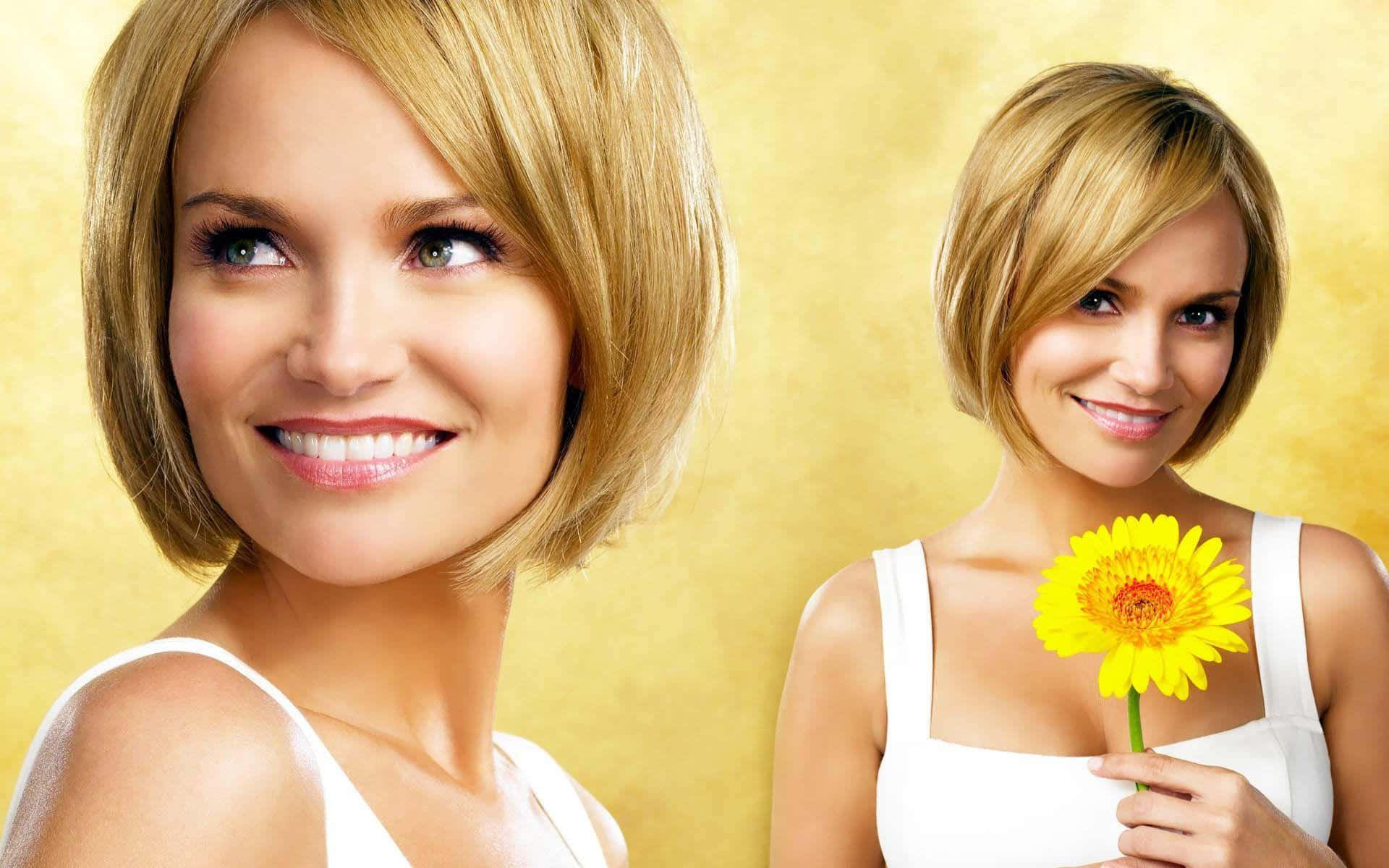 Kristin Chenoweth, blonde bob hair, bright yellow gerbera daisy, Full HD Desktop Wallpaper