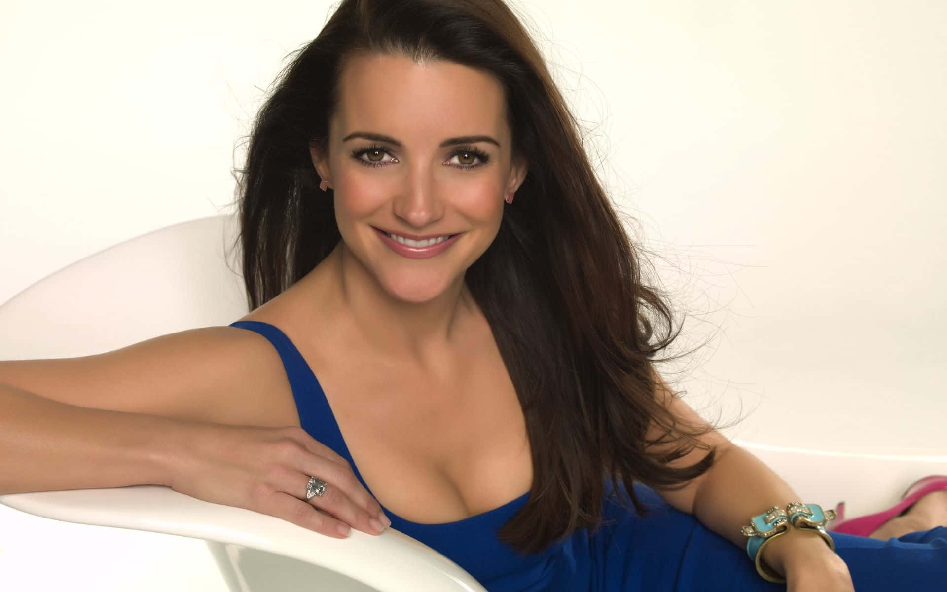 Kristin Davis, blue dress, long dark hair, Full HD Desktop Wallpaper
