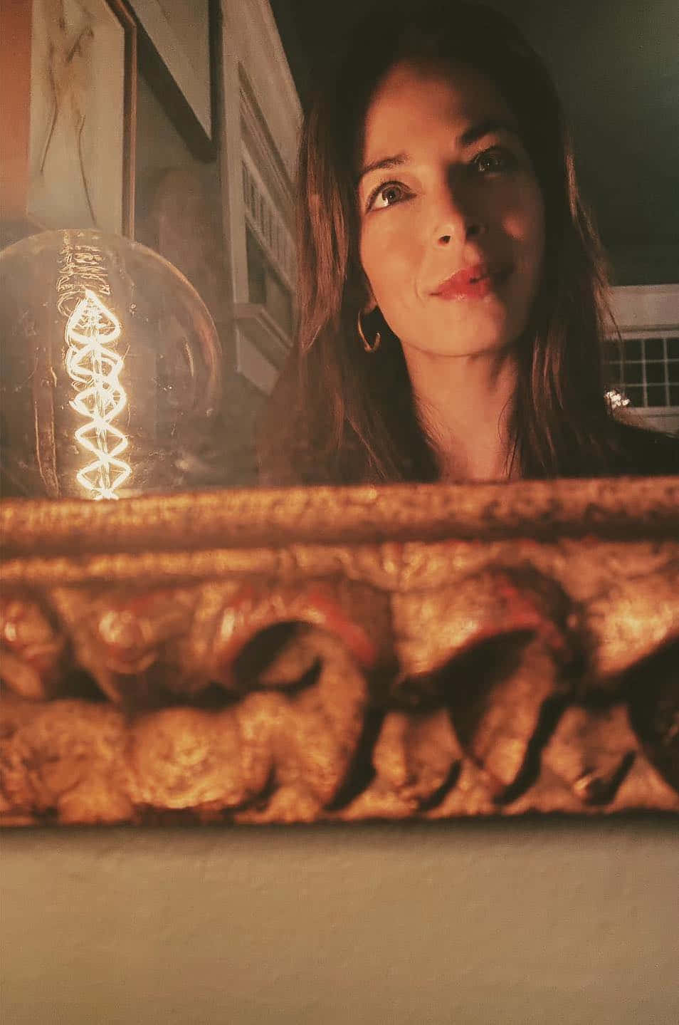 Kristin Kreuk, glowing vintage bulb, ornate golden detailing, HD Phone Wallpaper