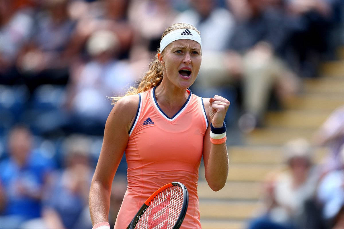 Kristina Mladenovic, coral outfit, sunlit court, SD Desktop Wallpaper
