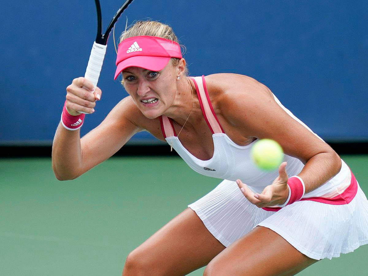 Kristina Mladenovic, white and pink gear, bright yellow tennis ball, SD Desktop Wallpaper