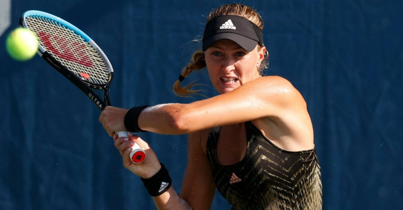 Kristina Mladenovic, bright green ball, solid blue backdrop, HD Desktop Wallpaper