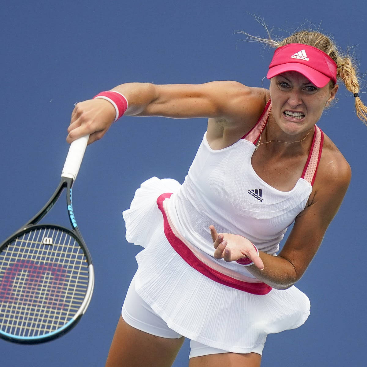 Kristina Mladenovic, white and pink gear, solid blue court background, SD Desktop Wallpaper