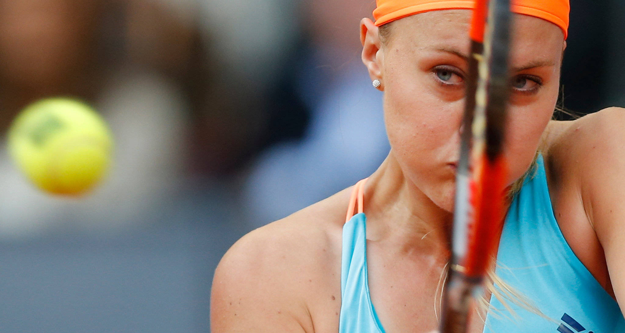 Kristina Mladenovic, blue top, orange headband, Full HD Desktop Wallpaper