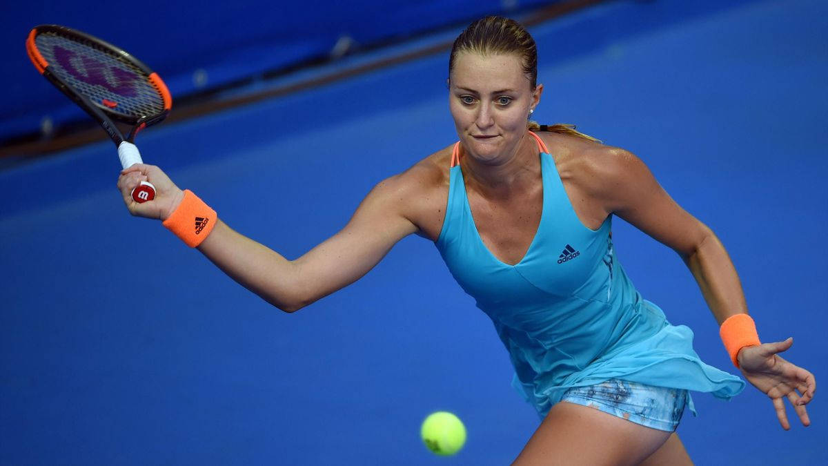 Kristina Mladenovic, blue outfit, bright yellow ball, SD Desktop Wallpaper