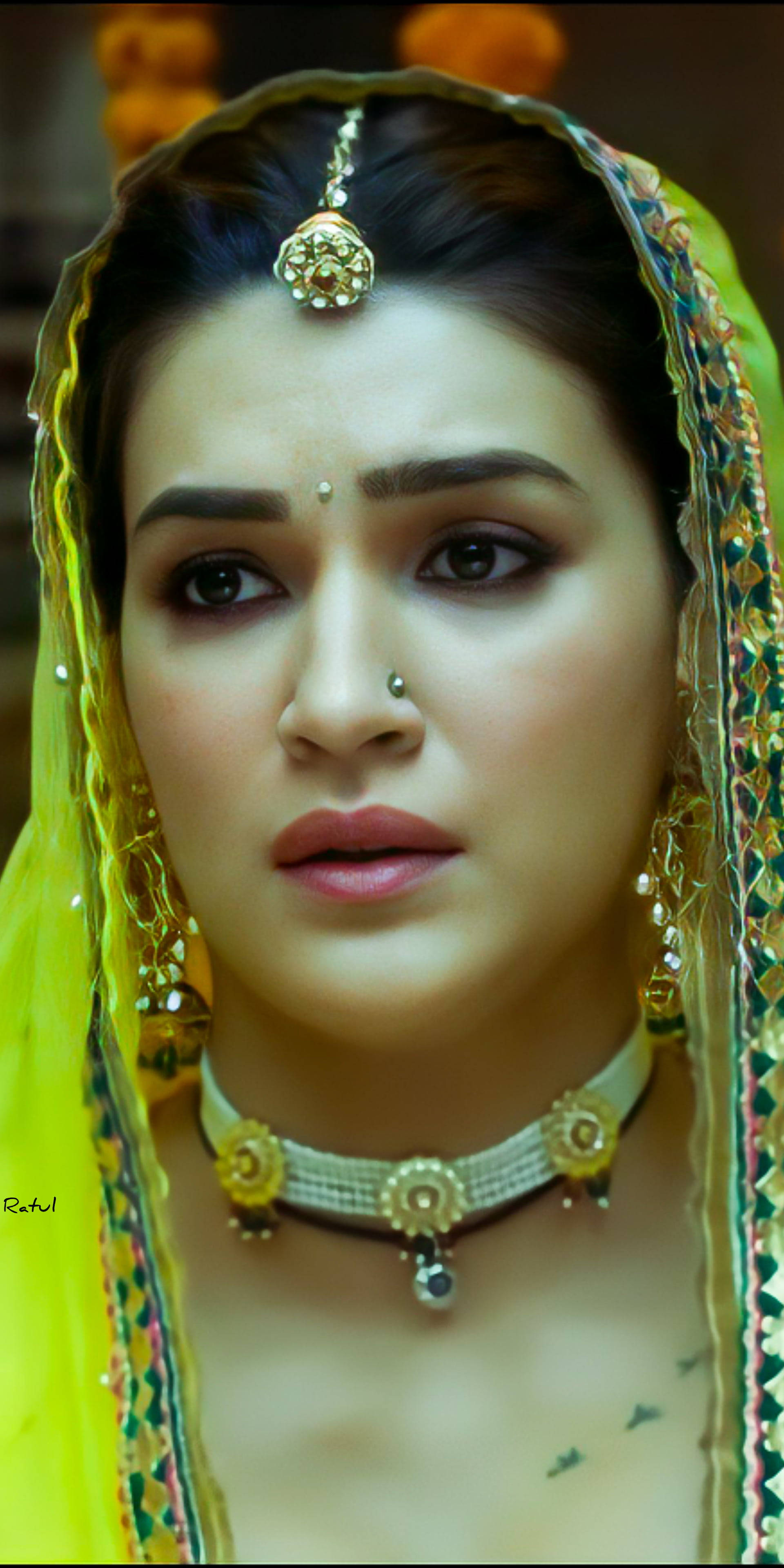 Kriti Sanon, traditional Indian bridal attire, vibrant yellow veil, 4K Phone Wallpaper