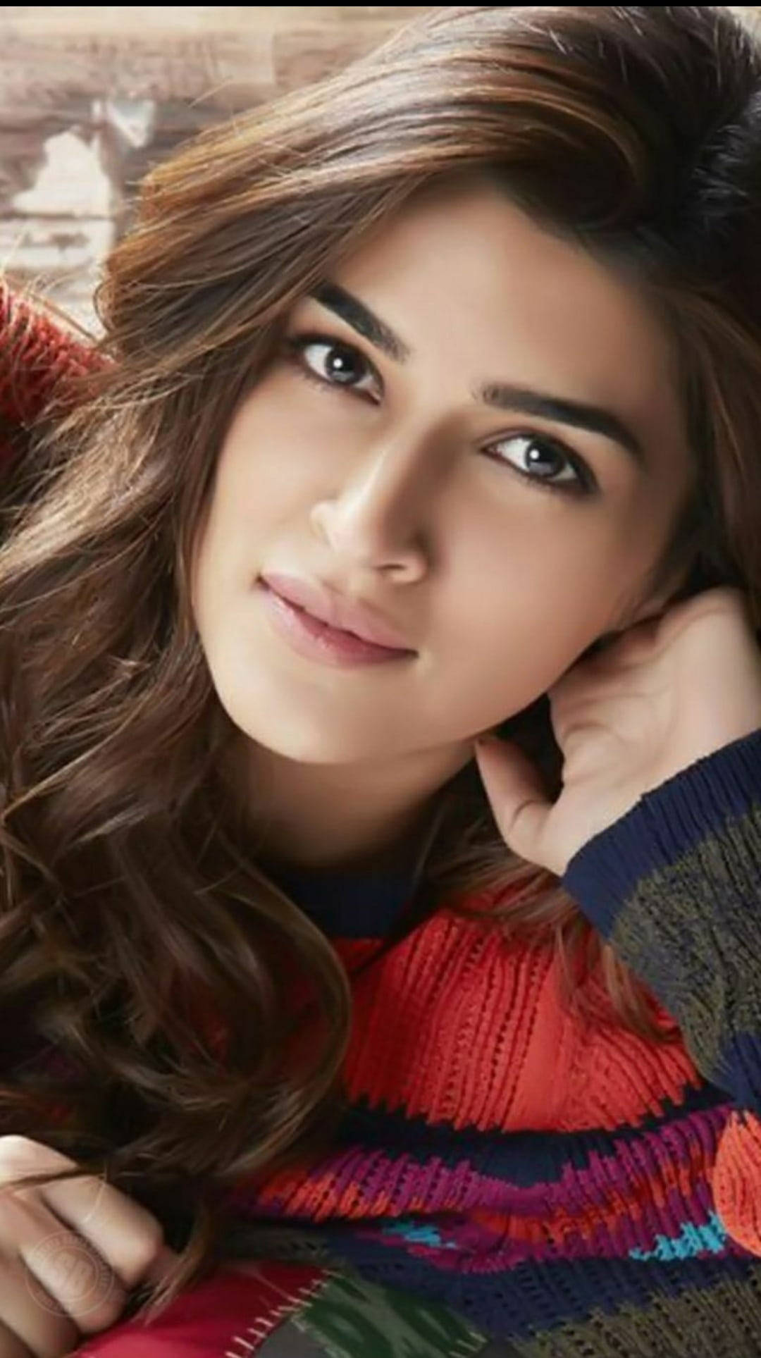 Kriti Sanon, long brown hair, colorful striped sweater, Full HD Phone Wallpaper