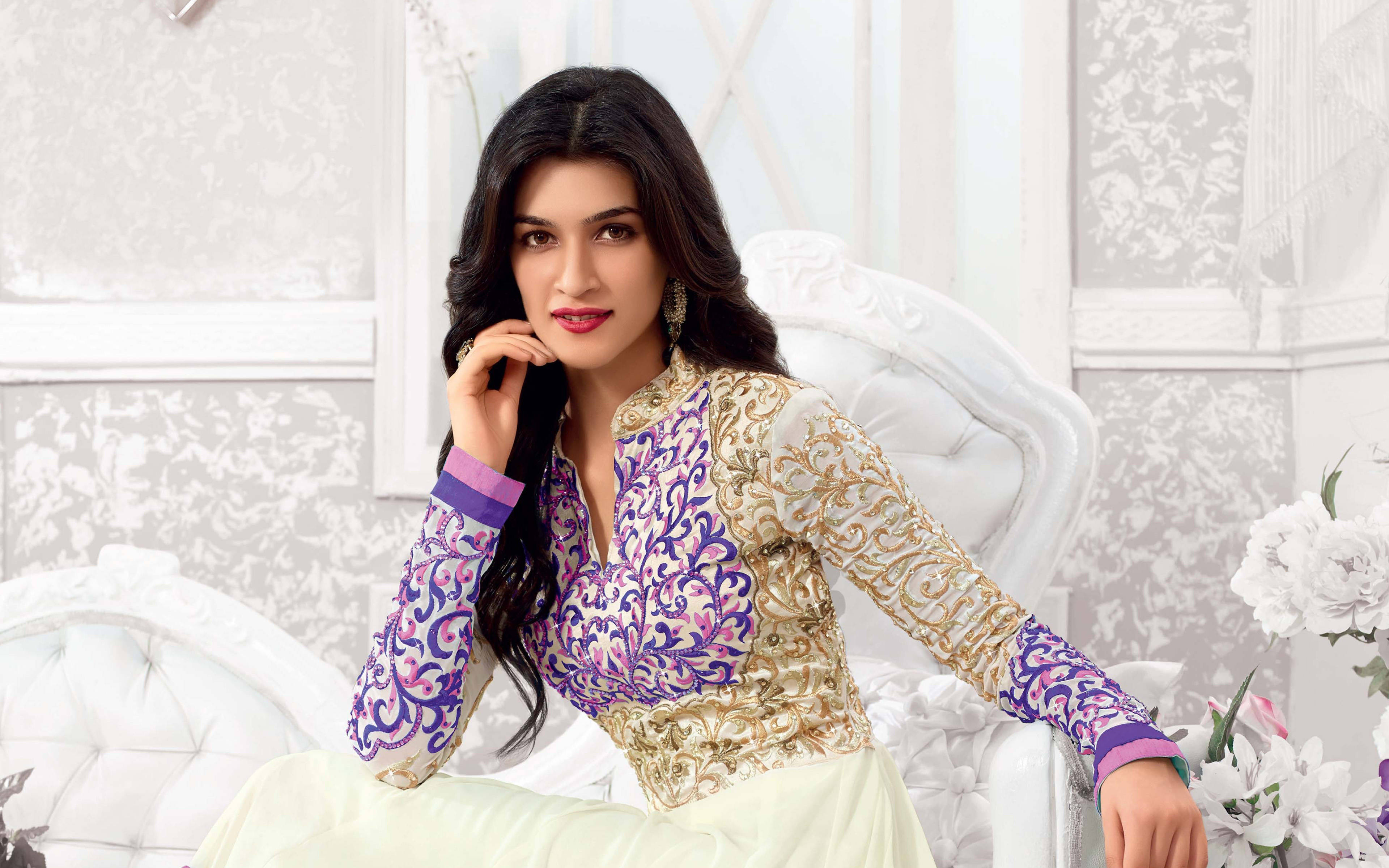 Kriti Sanon, purple gold embroidered outfit, white tufted chair, 4K Desktop Wallpaper