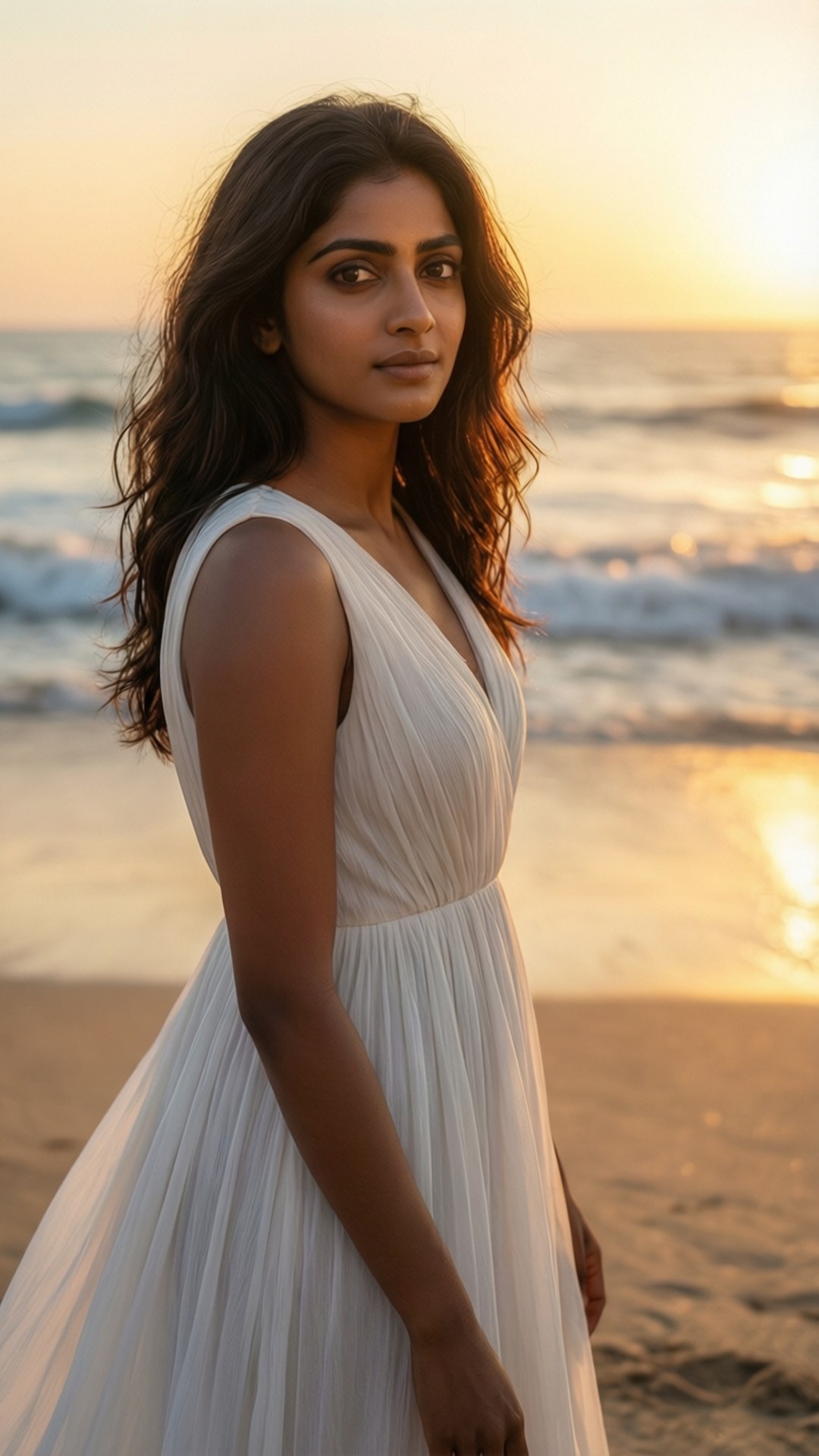 beach, sunset, white dress, Full HD Phone Wallpaper