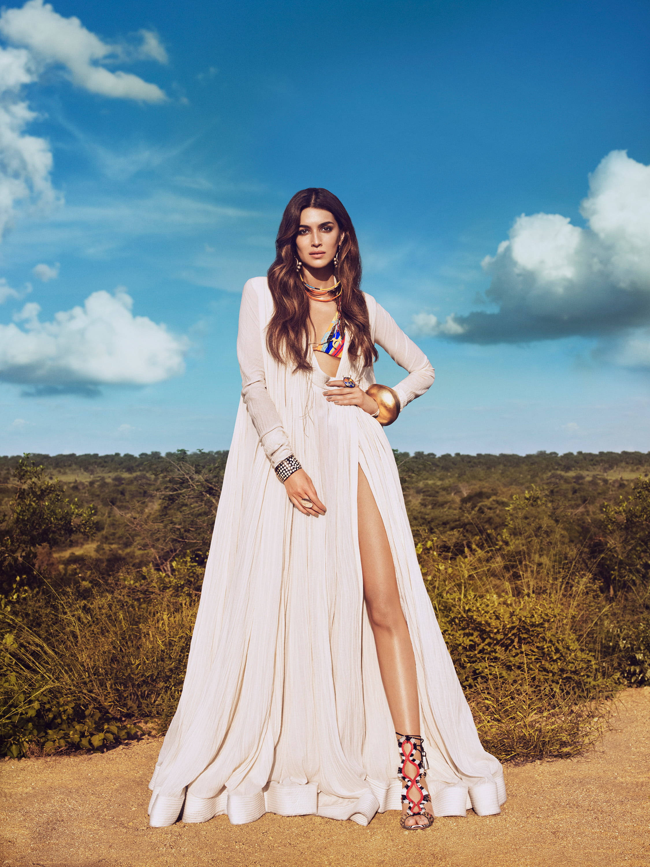 white kriti sanon hd dress, flowing white gown, sunlit dirt path, 2K Phone Wallpaper