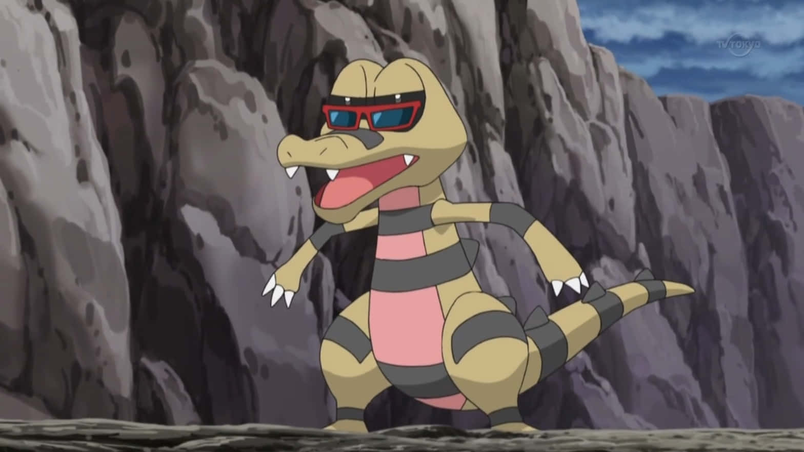 Krokorok, red sunglasses, rocky terrain, HD Desktop Wallpaper