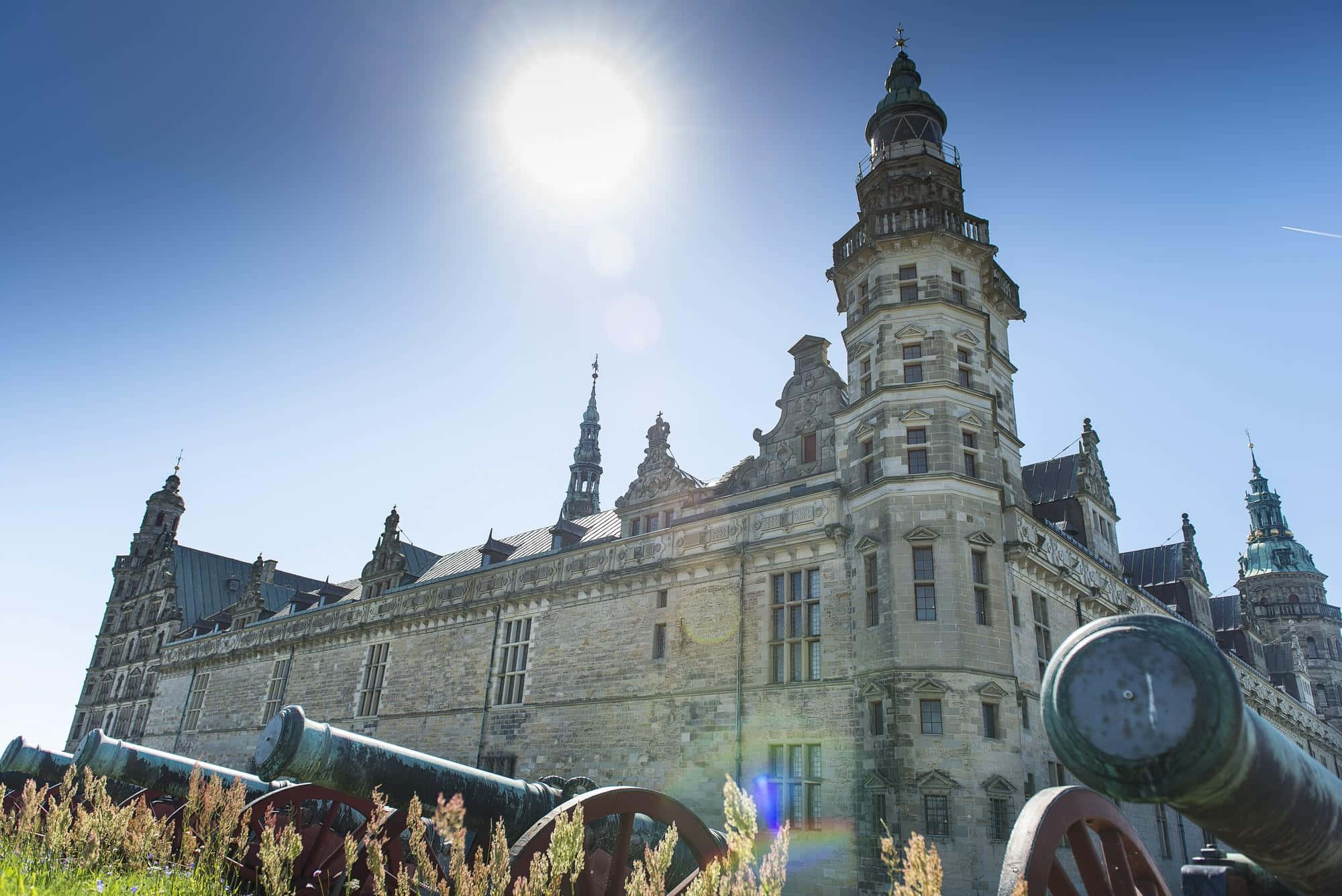 Kronborg Castle, sunlight, ornate towers, Full HD Desktop Wallpaper