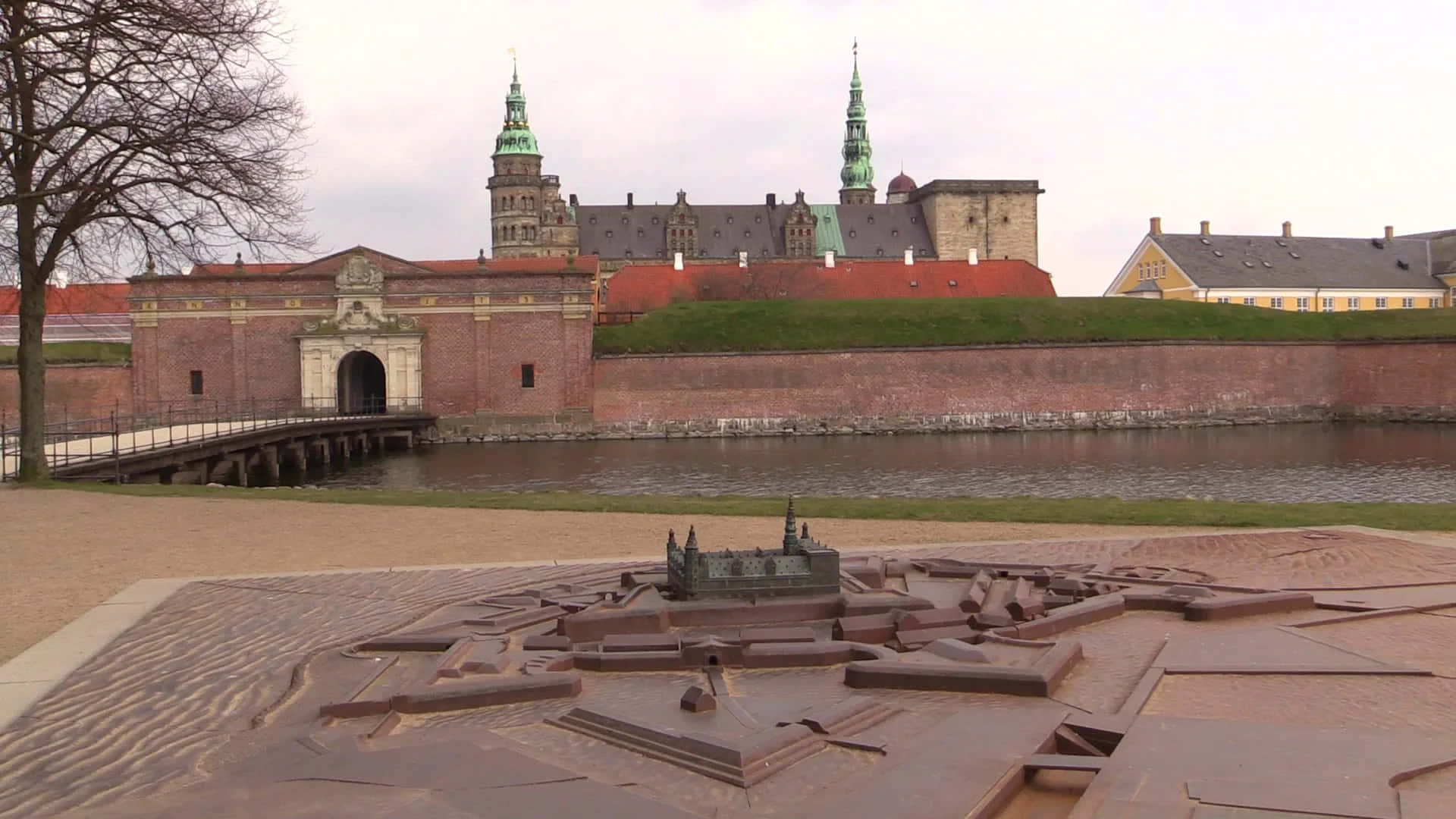 Kronborg Castle, green spires, moat, Full HD Desktop Wallpaper