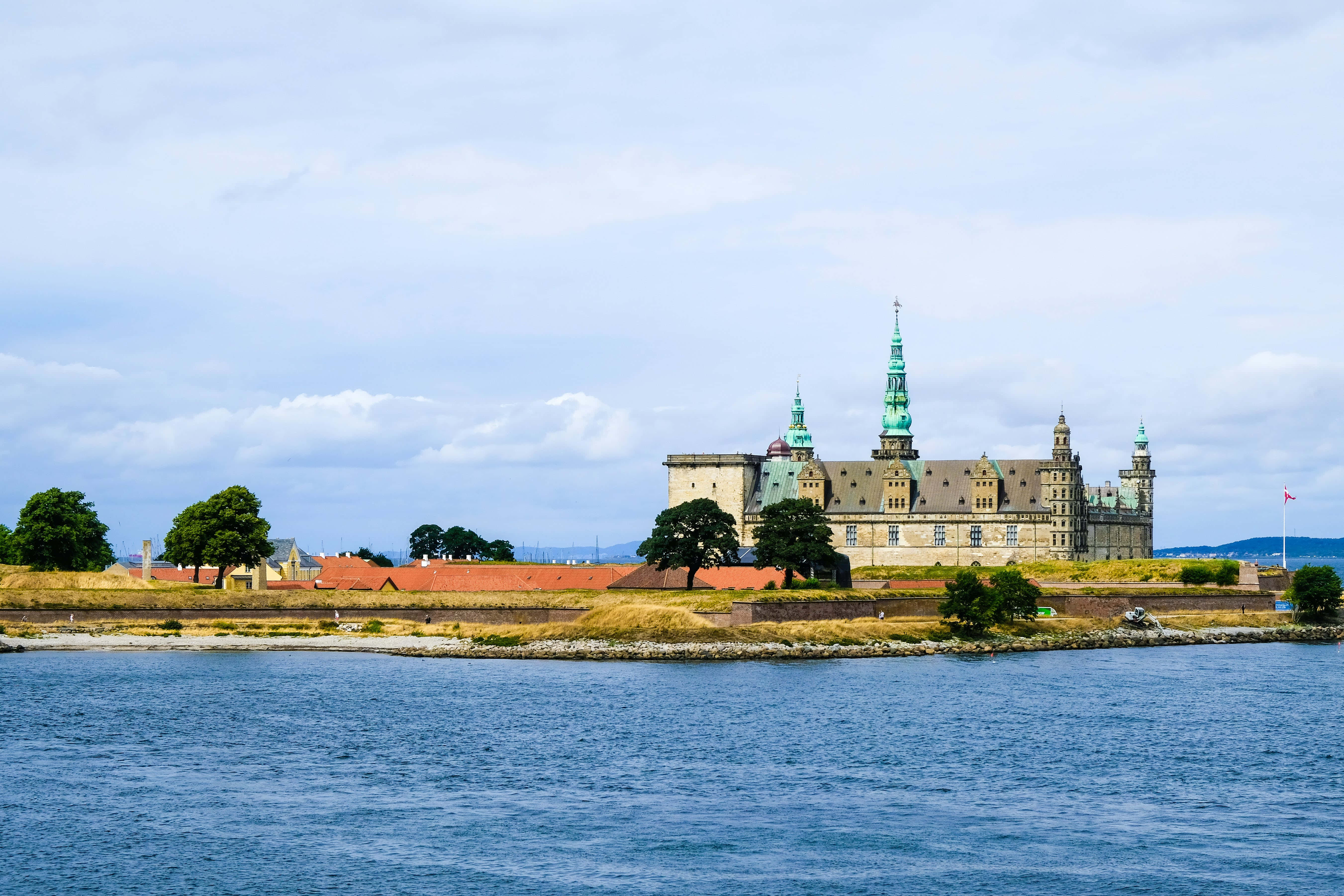 Kronborg Castle, green spires, waterfront island, 5K Desktop Wallpaper