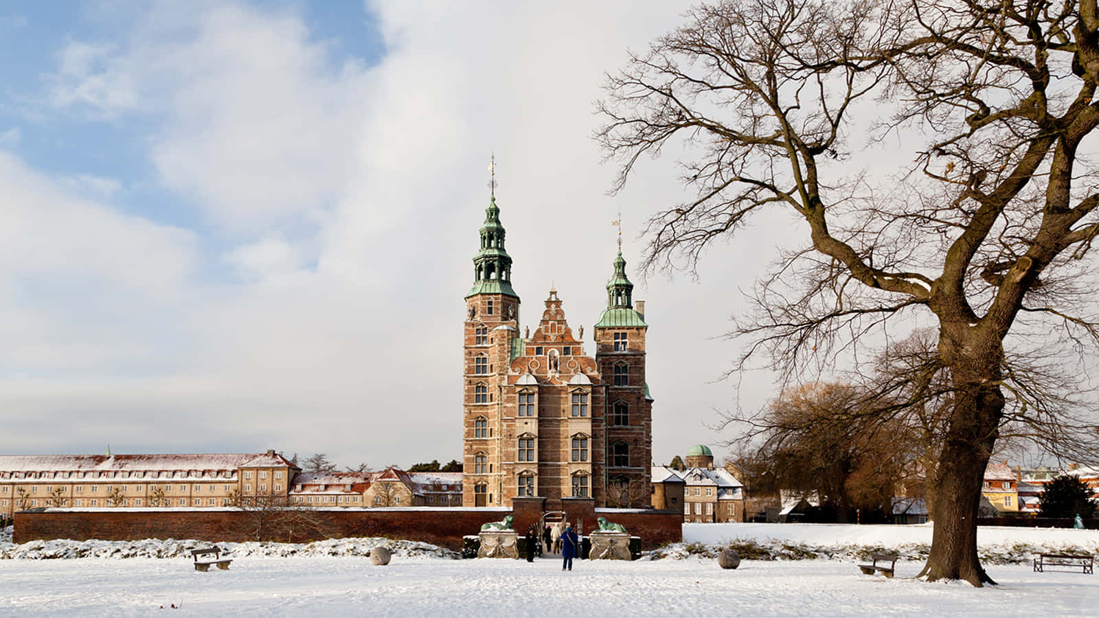 Kronborg Castle, green spires, snow-covered park, HD Desktop Wallpaper