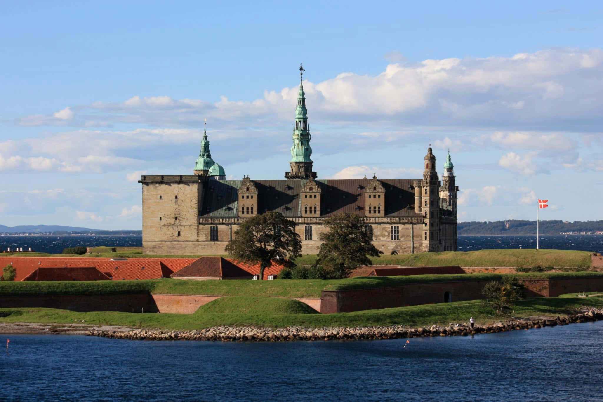 Kronborg Castle, green copper spires, grassy island, Full HD Desktop Wallpaper