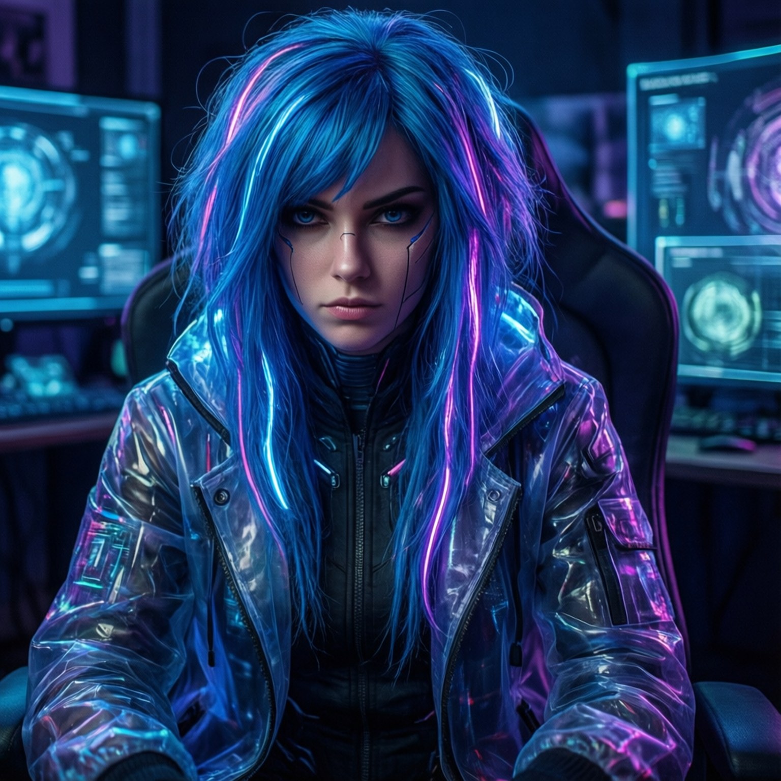 Ksenia Solo, cyberpunk hacker, neon-lit room, HD Desktop Wallpaper