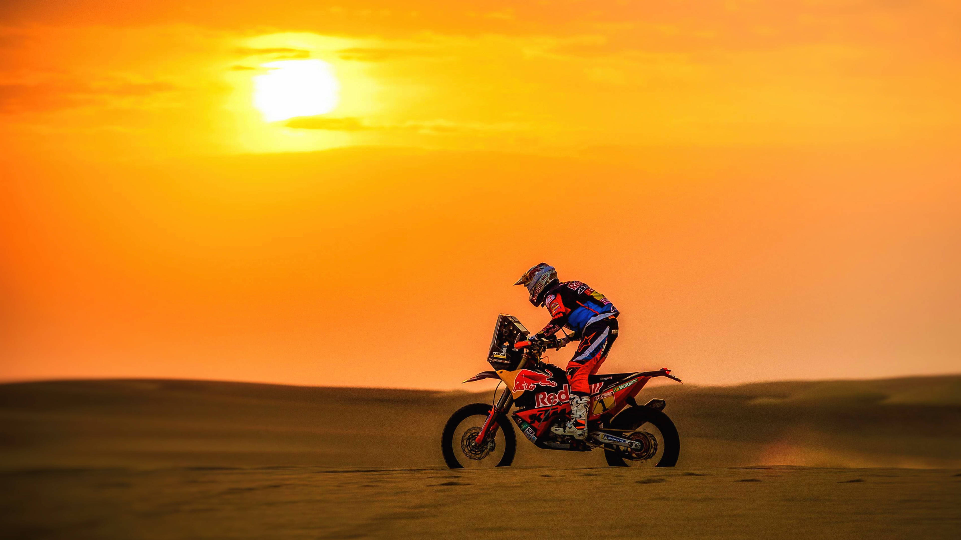 KTM 4K Bike, sunset, desert dune, 4K Desktop Wallpaper