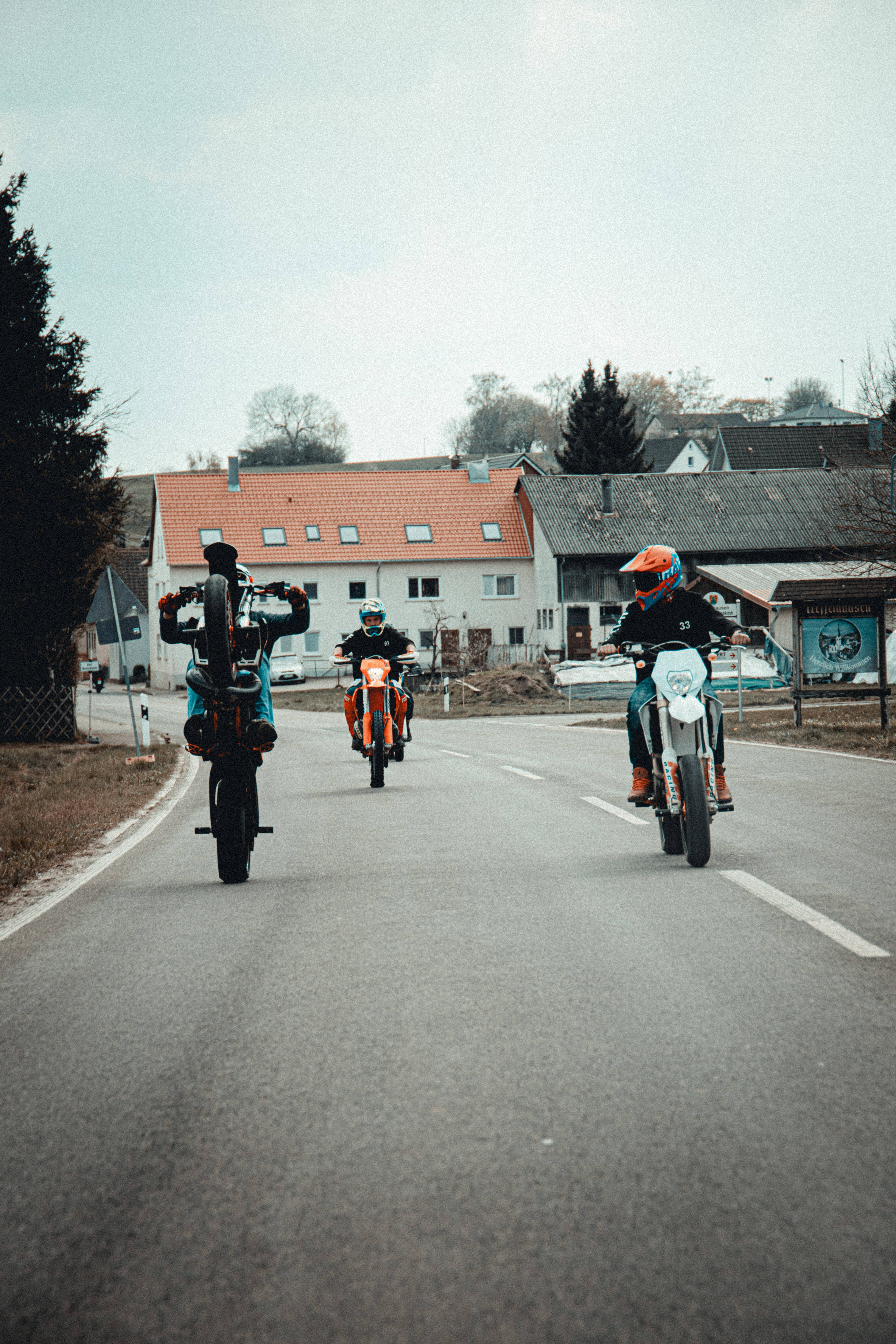 KTM Bike, rural road, houses, 5K Phone Wallpaper
