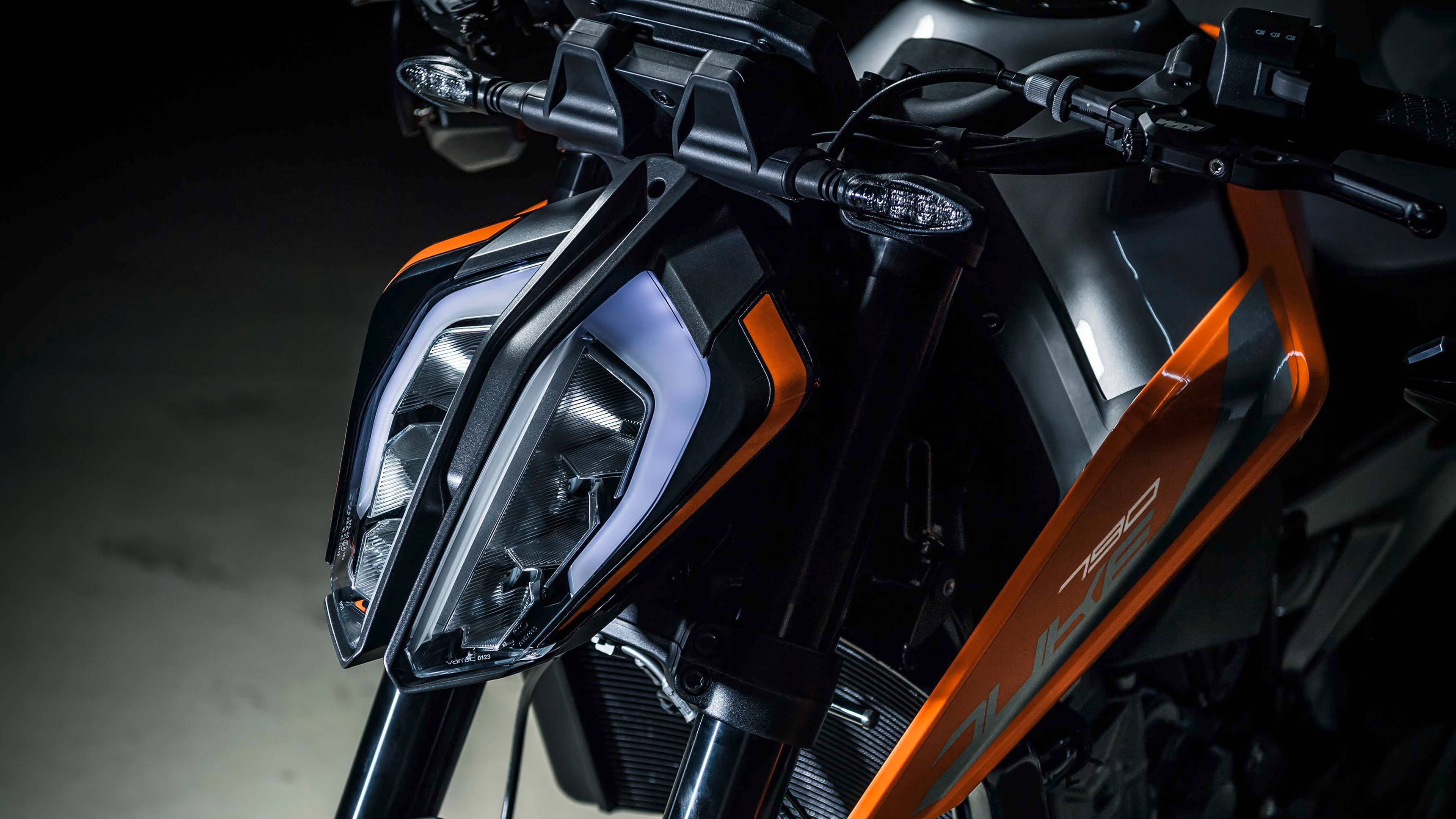 KTM, 4K Headlight, sleek black and orange, 4K Desktop Wallpaper