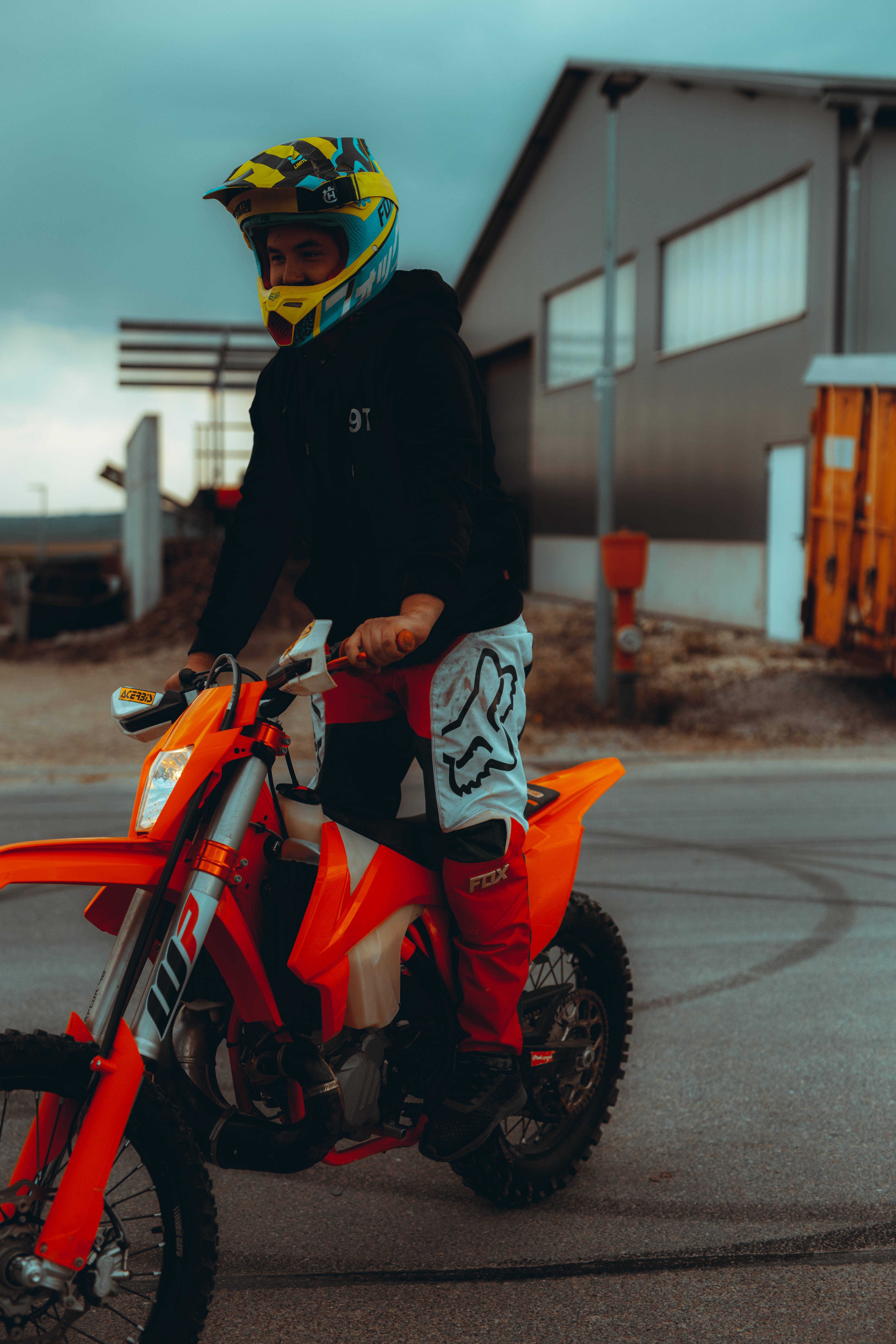 KTM Bike, bright orange dirt bike, motocross rider, 5K Phone Wallpaper