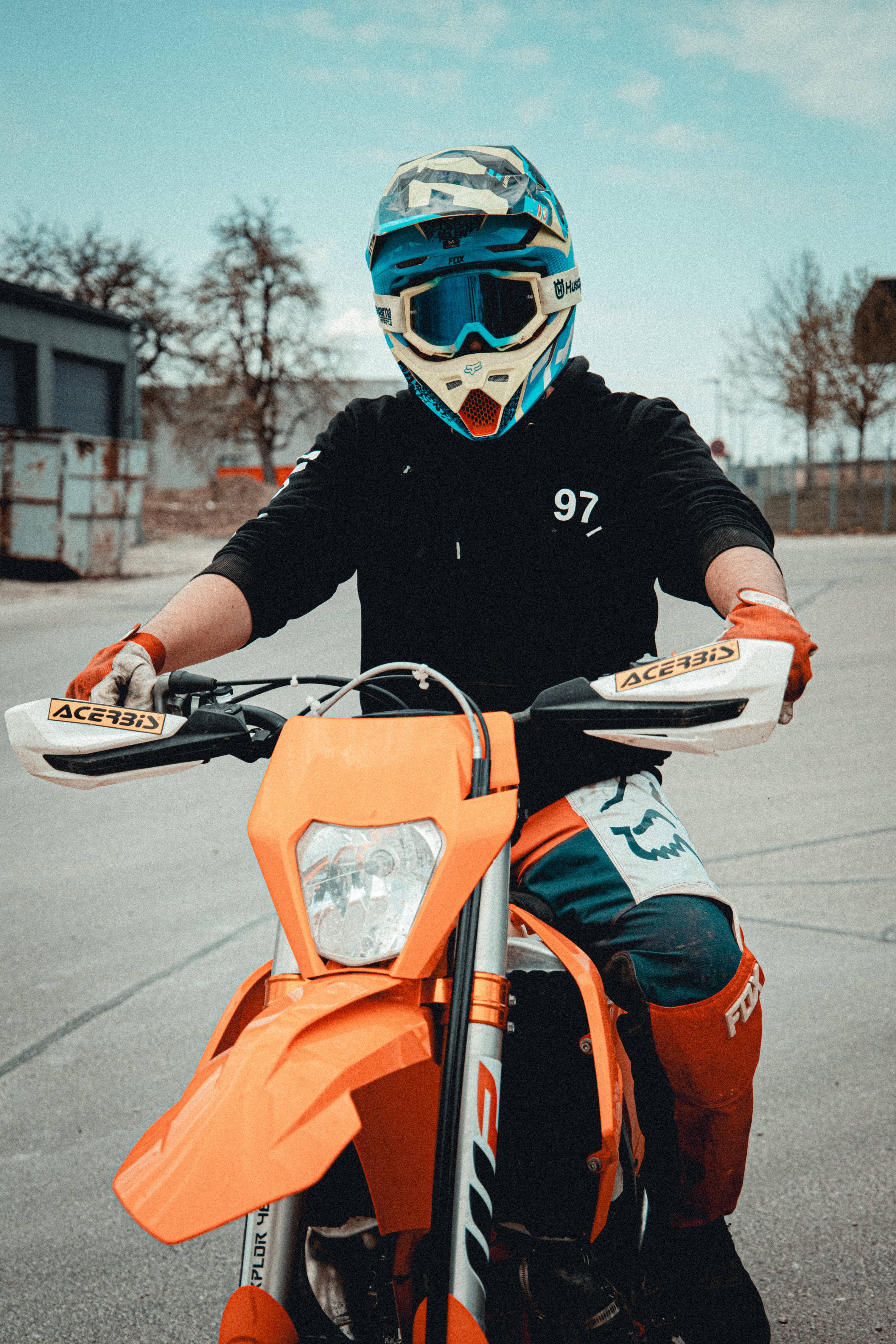 KTM Bike, bright orange dirt bike, motocross rider in full gear, 5K Phone Wallpaper