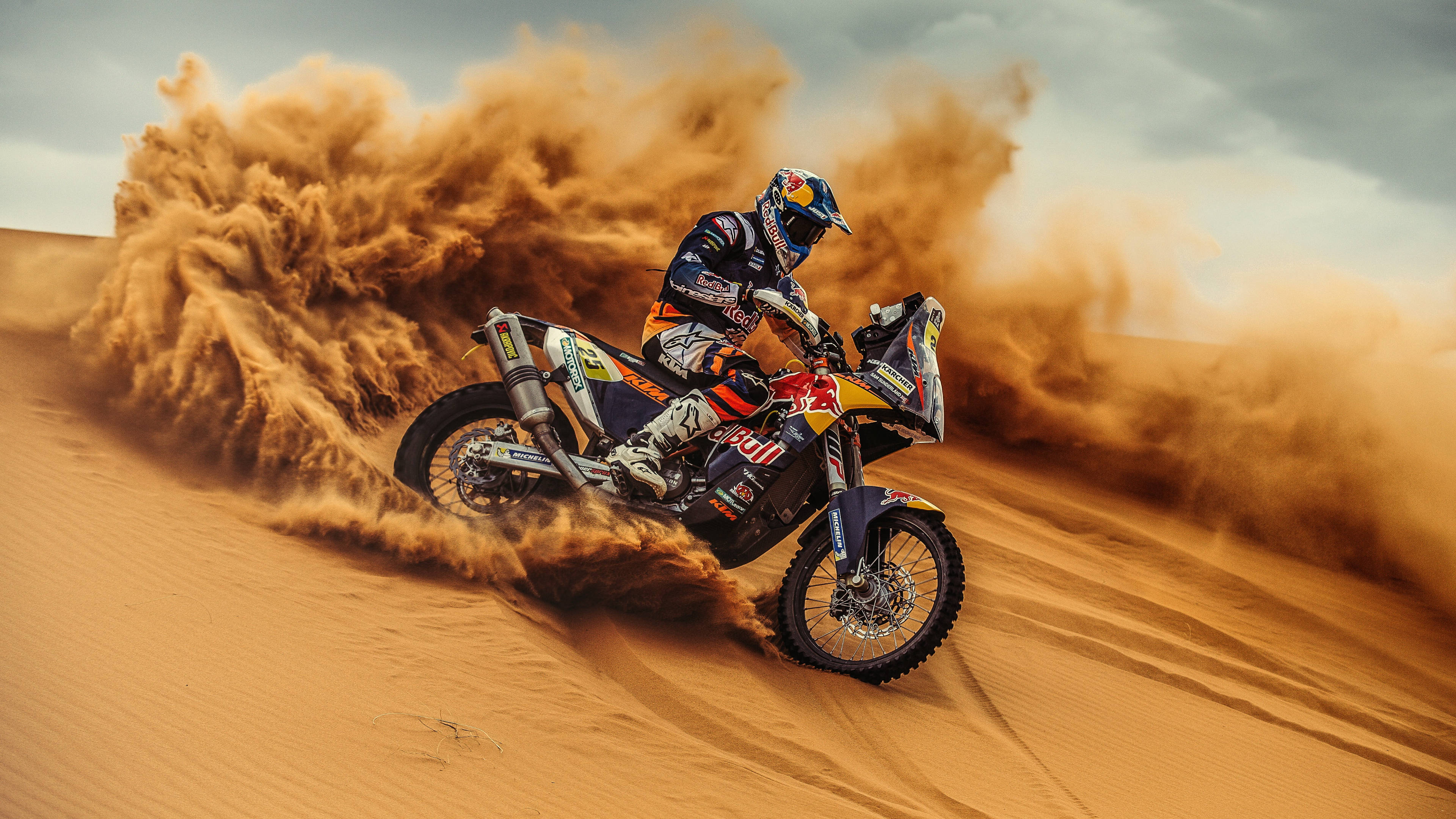 KTM, 4K, sliding down dunes, 4K Desktop Wallpaper