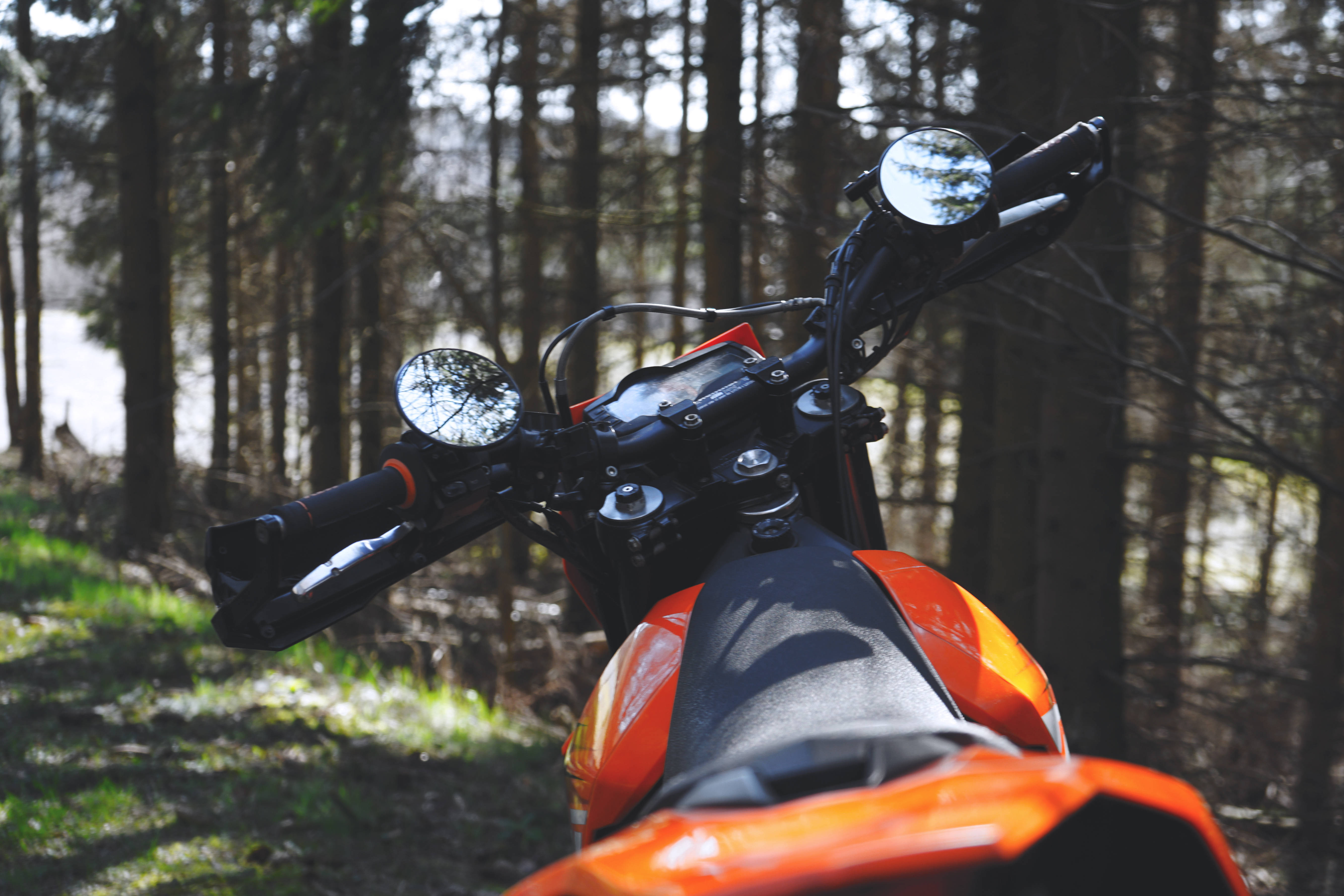 KTM Bike, woods, sunlit forest, 5K Desktop Wallpaper