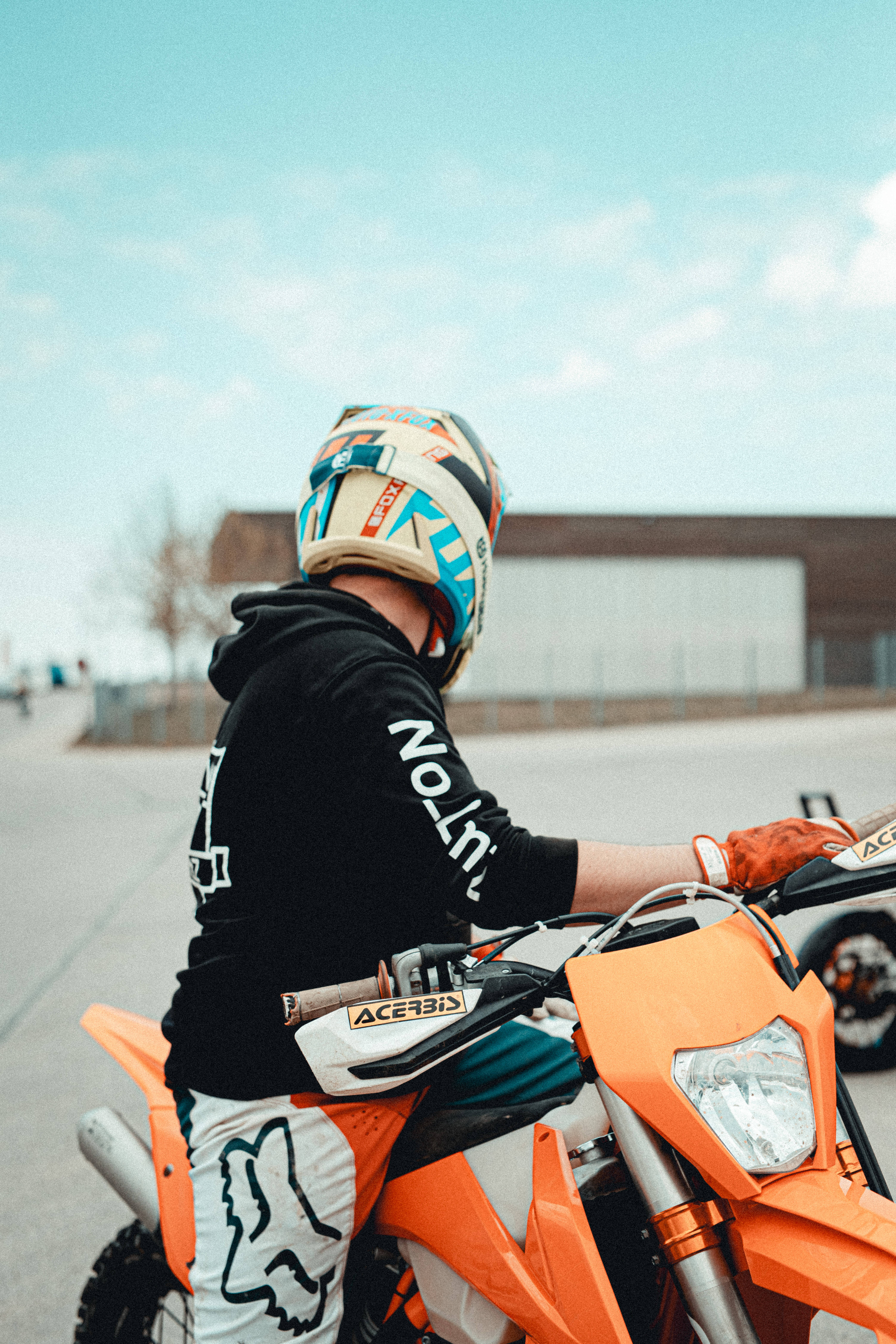 KTM Bike, bright orange dirt bike, colorful helmet, 5K Phone Wallpaper
