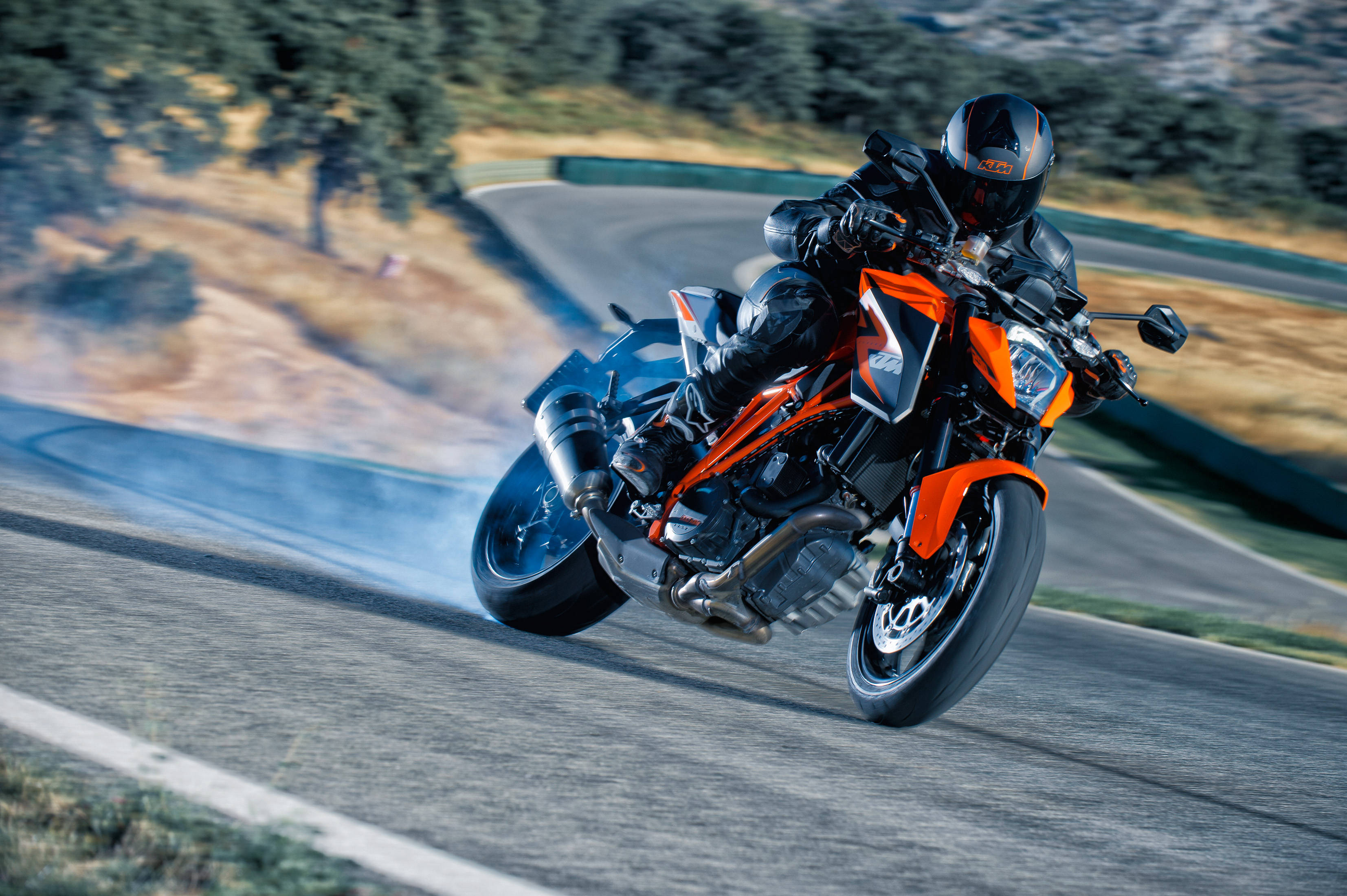 KTM Duke 200, orange and black, winding mountain road, 2K Desktop Wallpaper