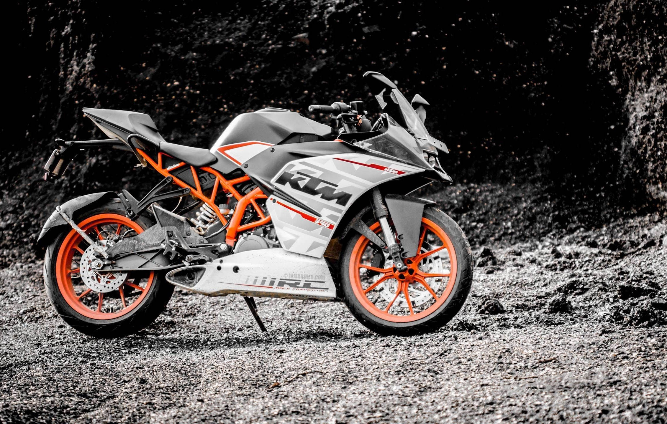 KTM Duke 390, vibrant orange accents, gritty gravel surface, Full HD Desktop Wallpaper