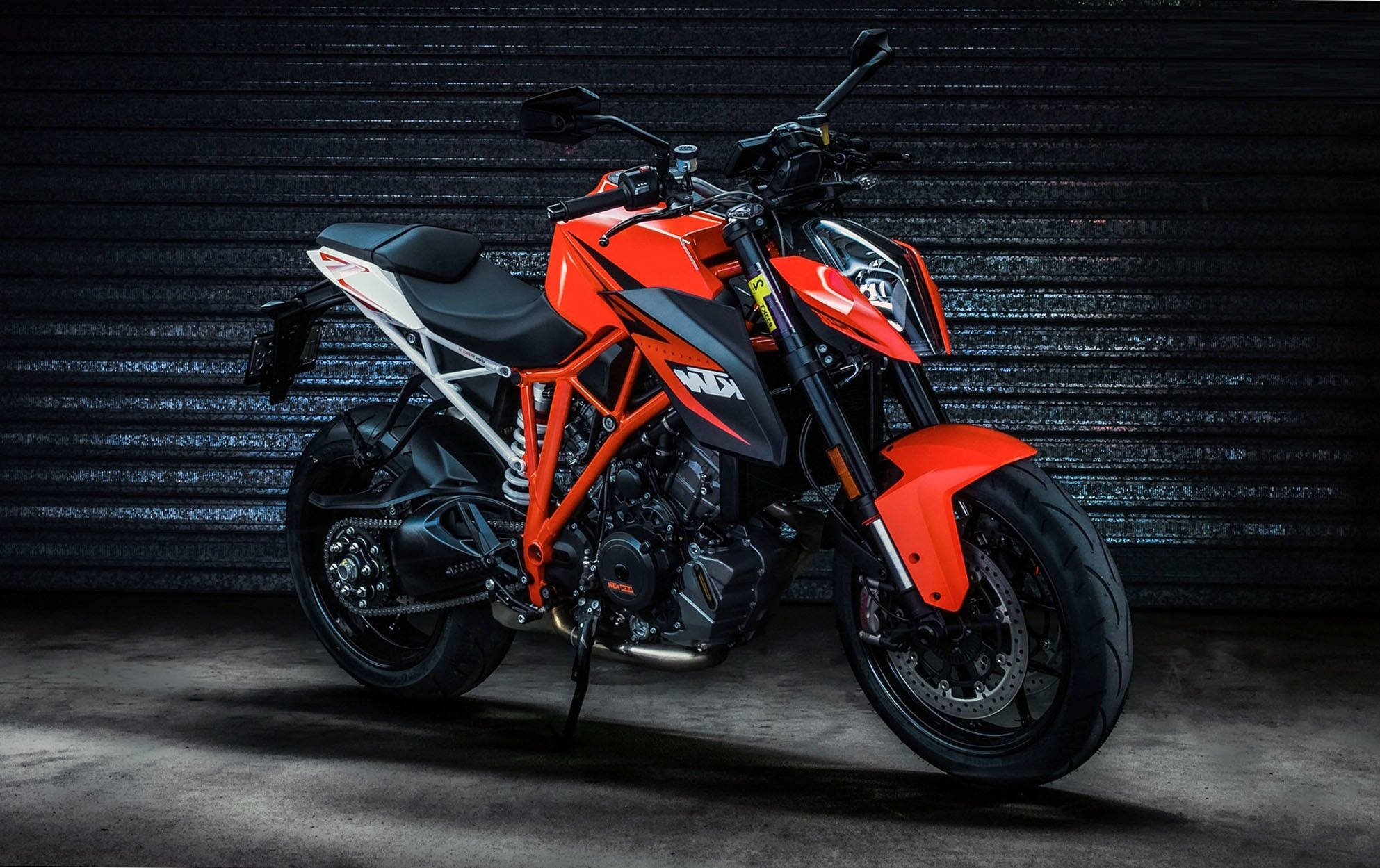 KTM Duke 390, orange and black, dark corrugated metal backdrop, Full HD Desktop Wallpaper