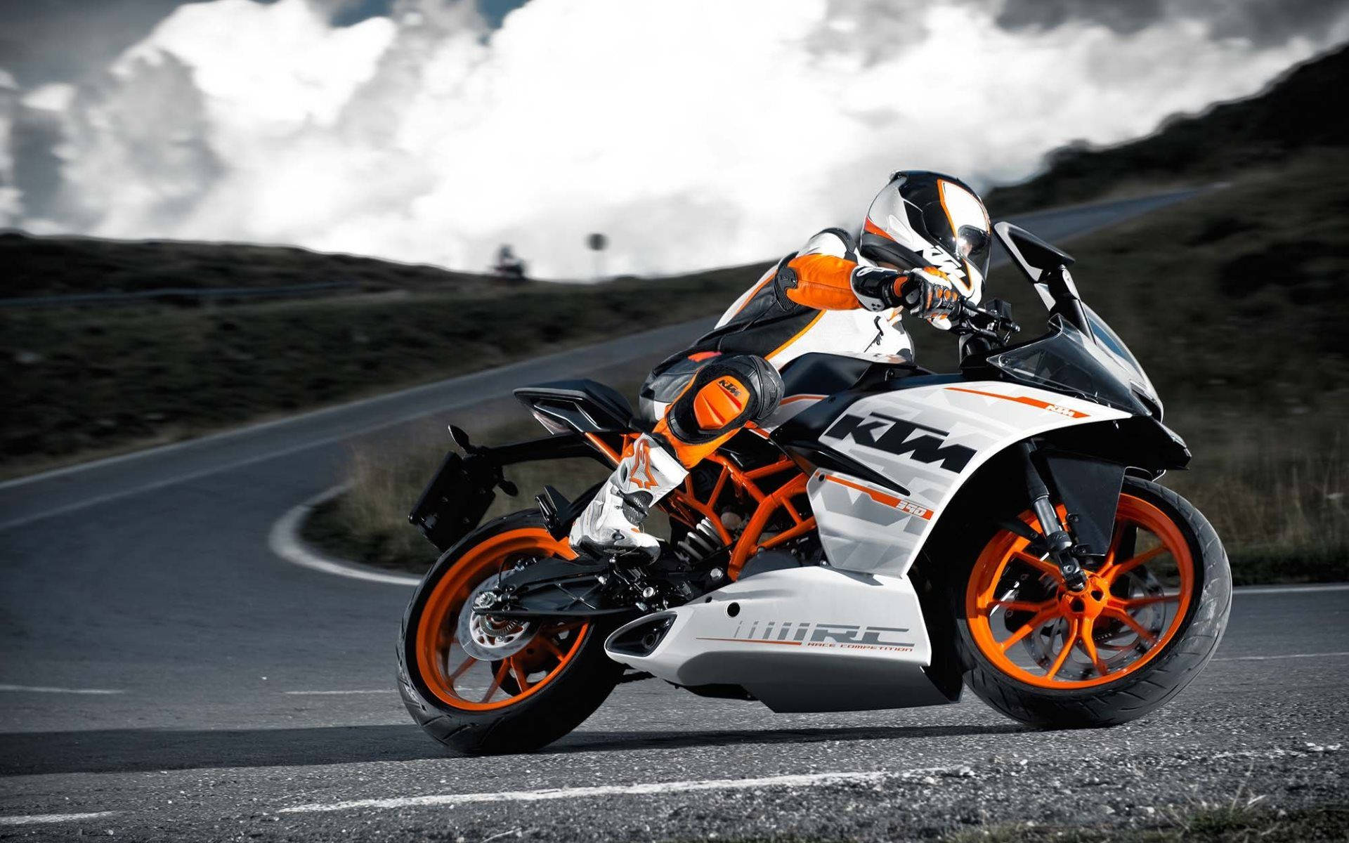 KTM Duke 390, sharp curve, white and orange, Full HD Desktop Wallpaper