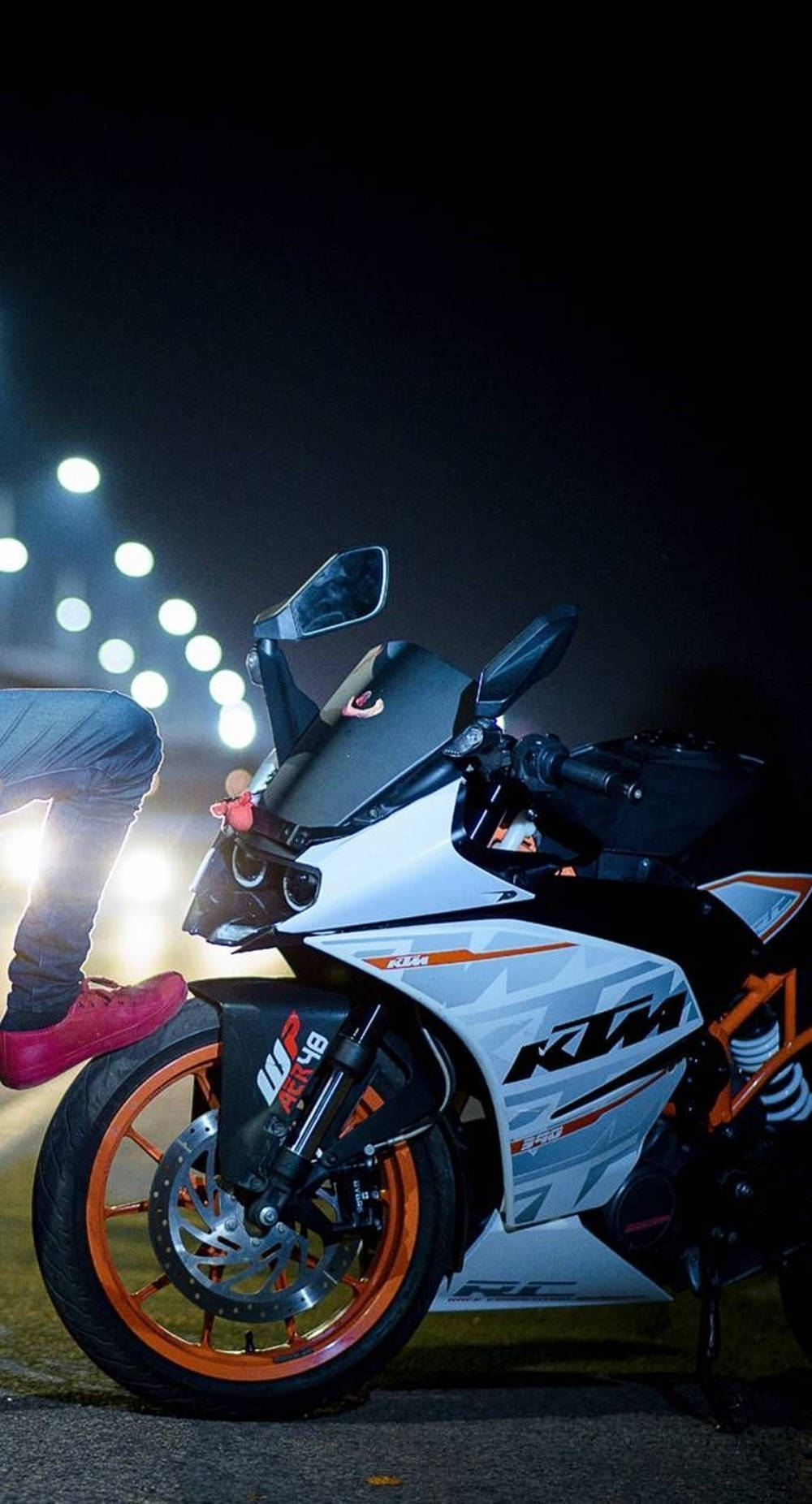 KTM Duke 390, white and orange, stadium lights, HD Phone Wallpaper