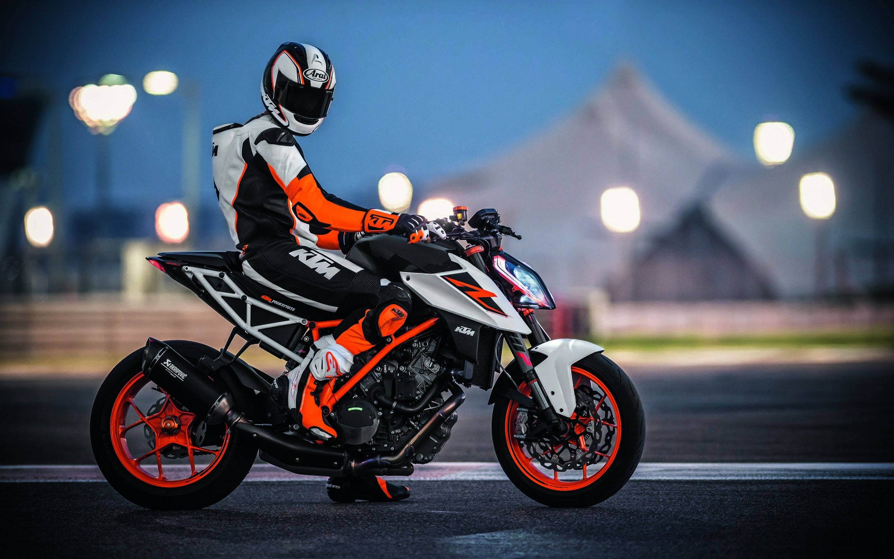 KTM Duke 390, full gear, sleek white and orange, 2K Desktop Wallpaper