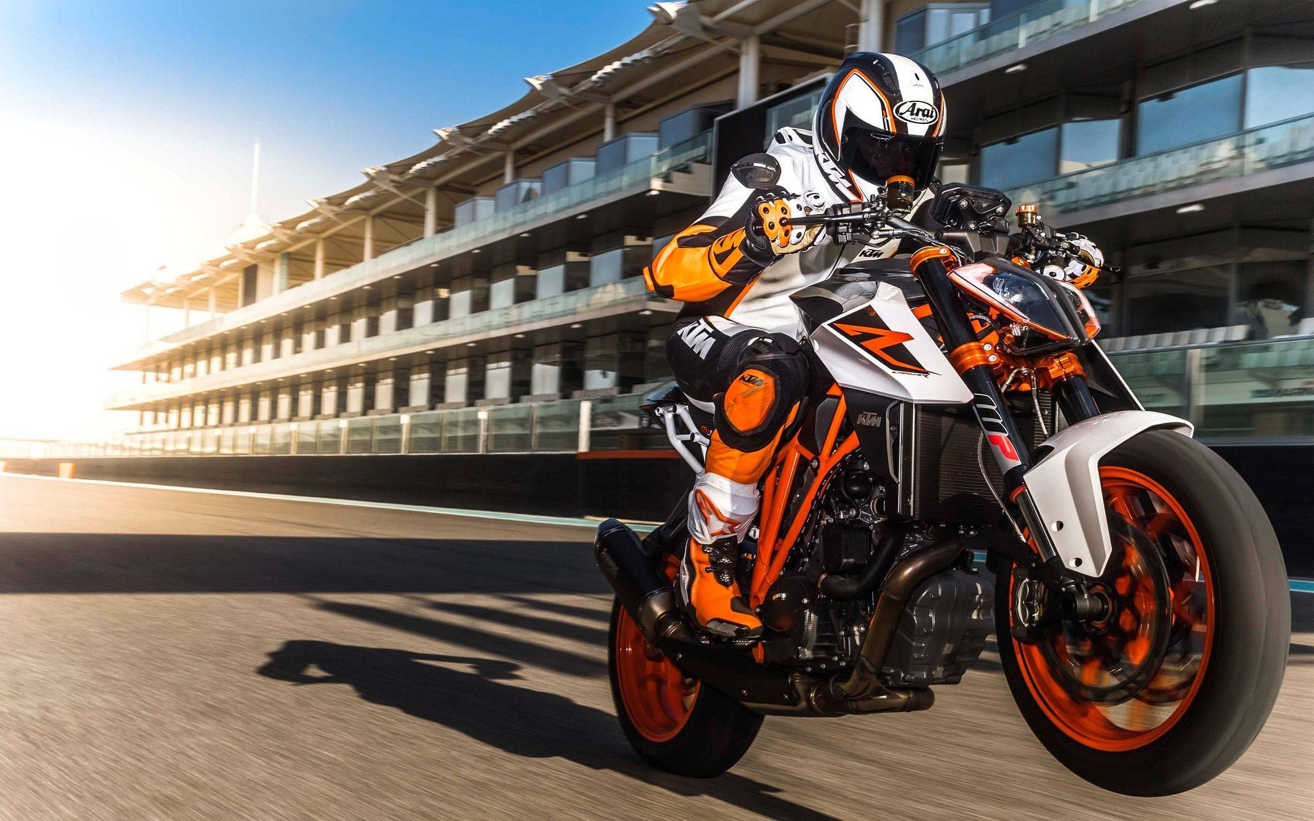 KTM Duke 390, stunt rider, orange and white gear, 2K Desktop Wallpaper