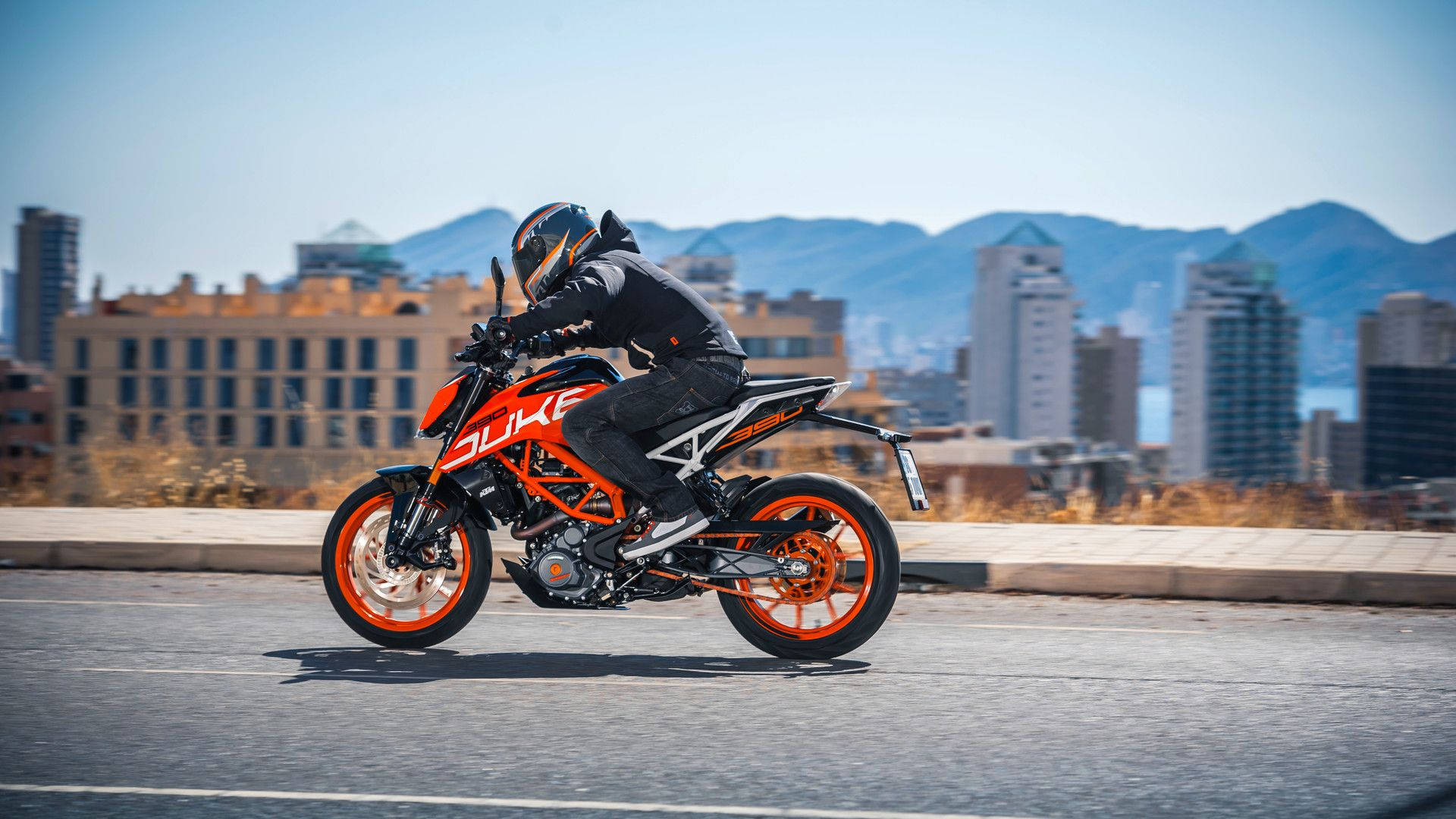 KTM Duke 390, vibrant orange, city buildings, Full HD Desktop Wallpaper