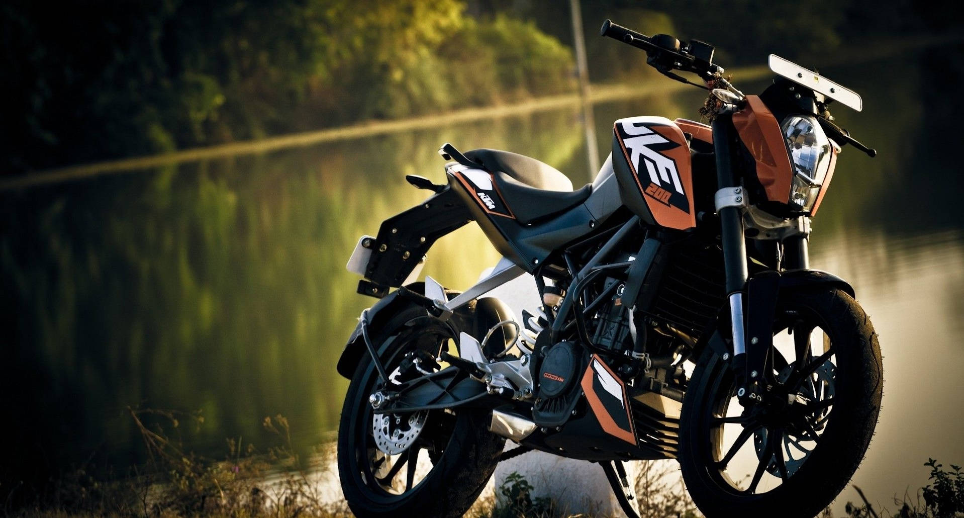 KTM Duke 390, orange and black, calm lake, HD Desktop Wallpaper