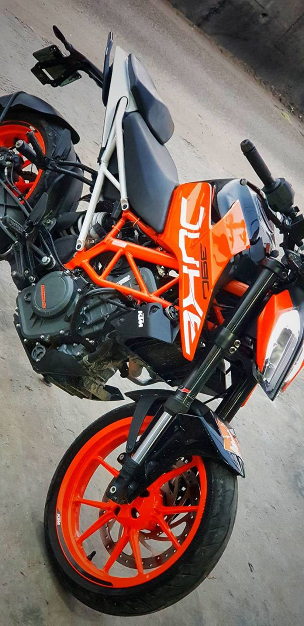 KTM Duke 390, vibrant orange, concrete surface, Full HD Phone Wallpaper