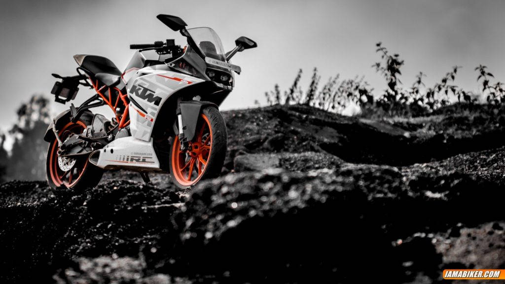 KTM RC 390, white and orange, rugged terrain, SD Desktop Wallpaper