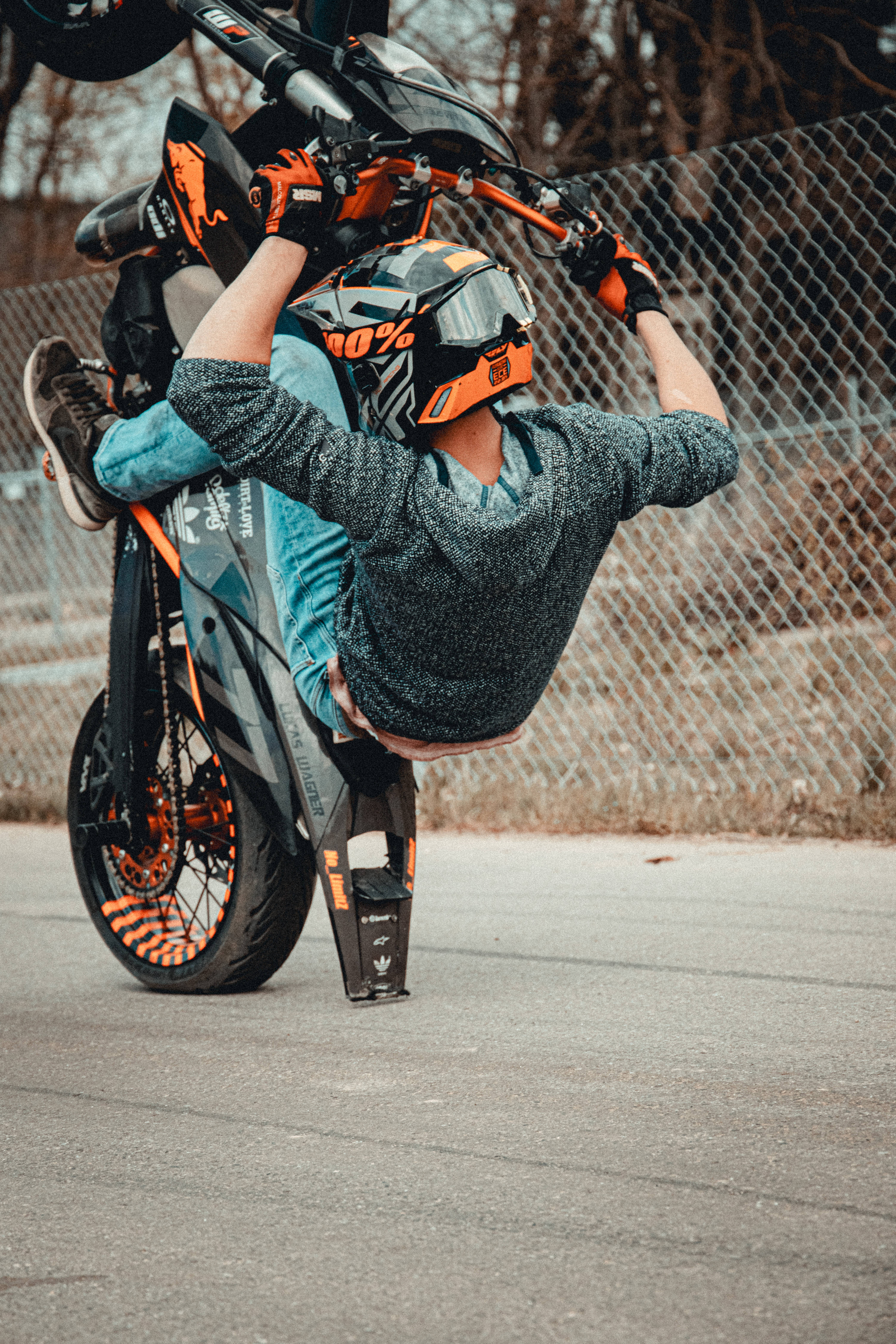 KTM RC 390, man, orange gear, 5K Phone Wallpaper