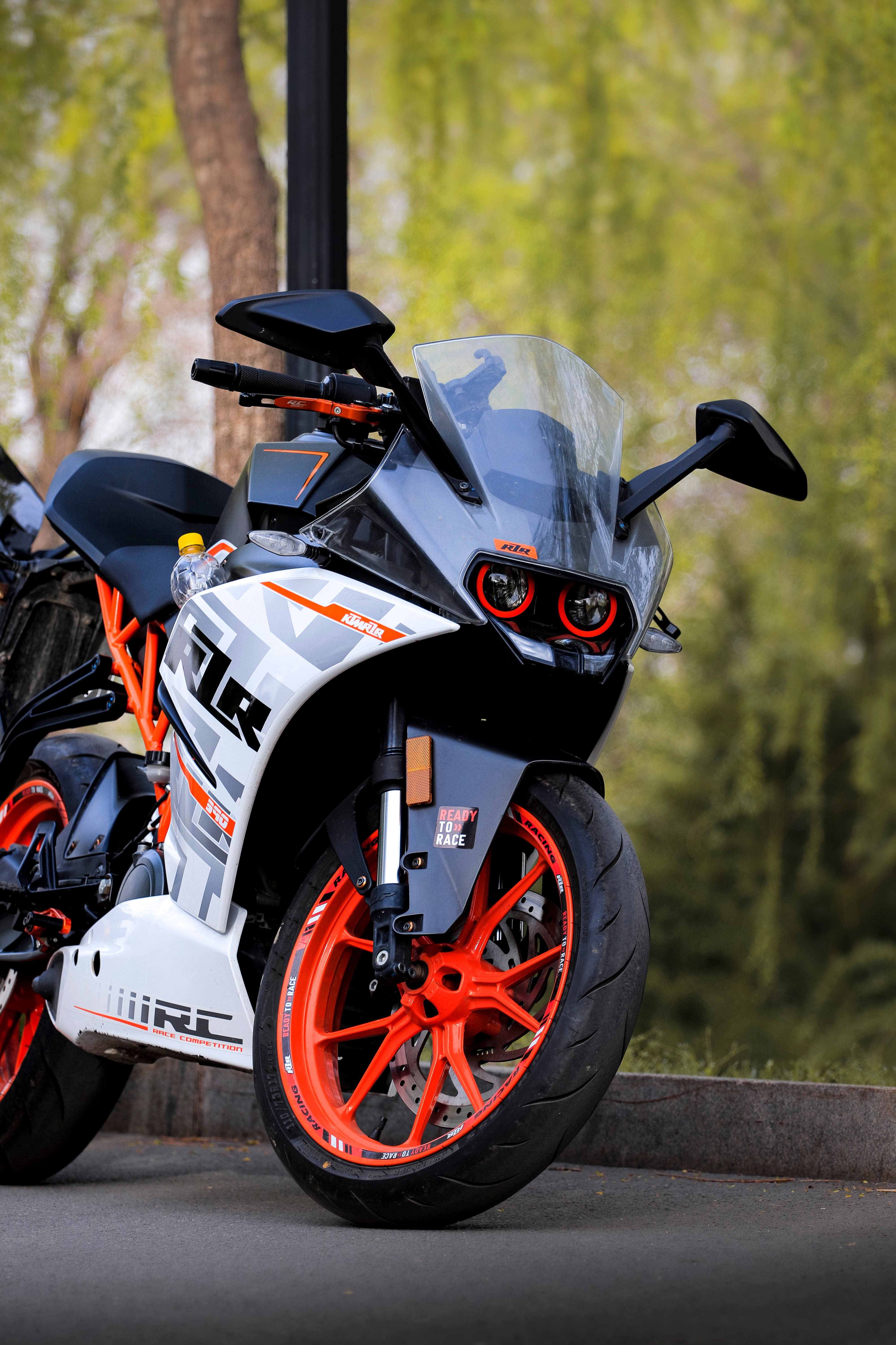 KTM RC 390, orange wheels, black white graphics, 5K Phone Wallpaper