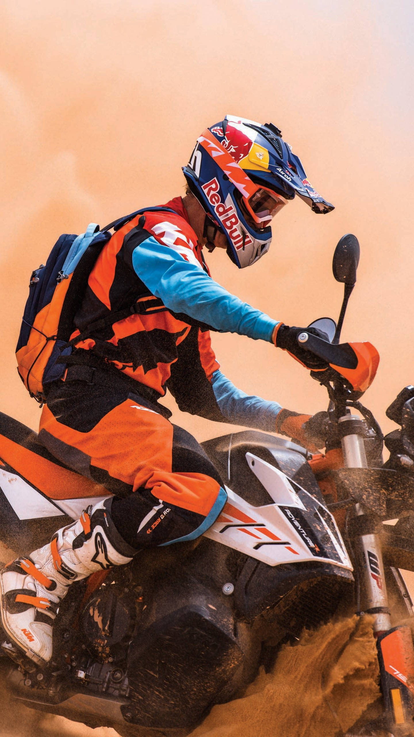 KTM, blue and orange rider, desert trail, 2K Phone Wallpaper