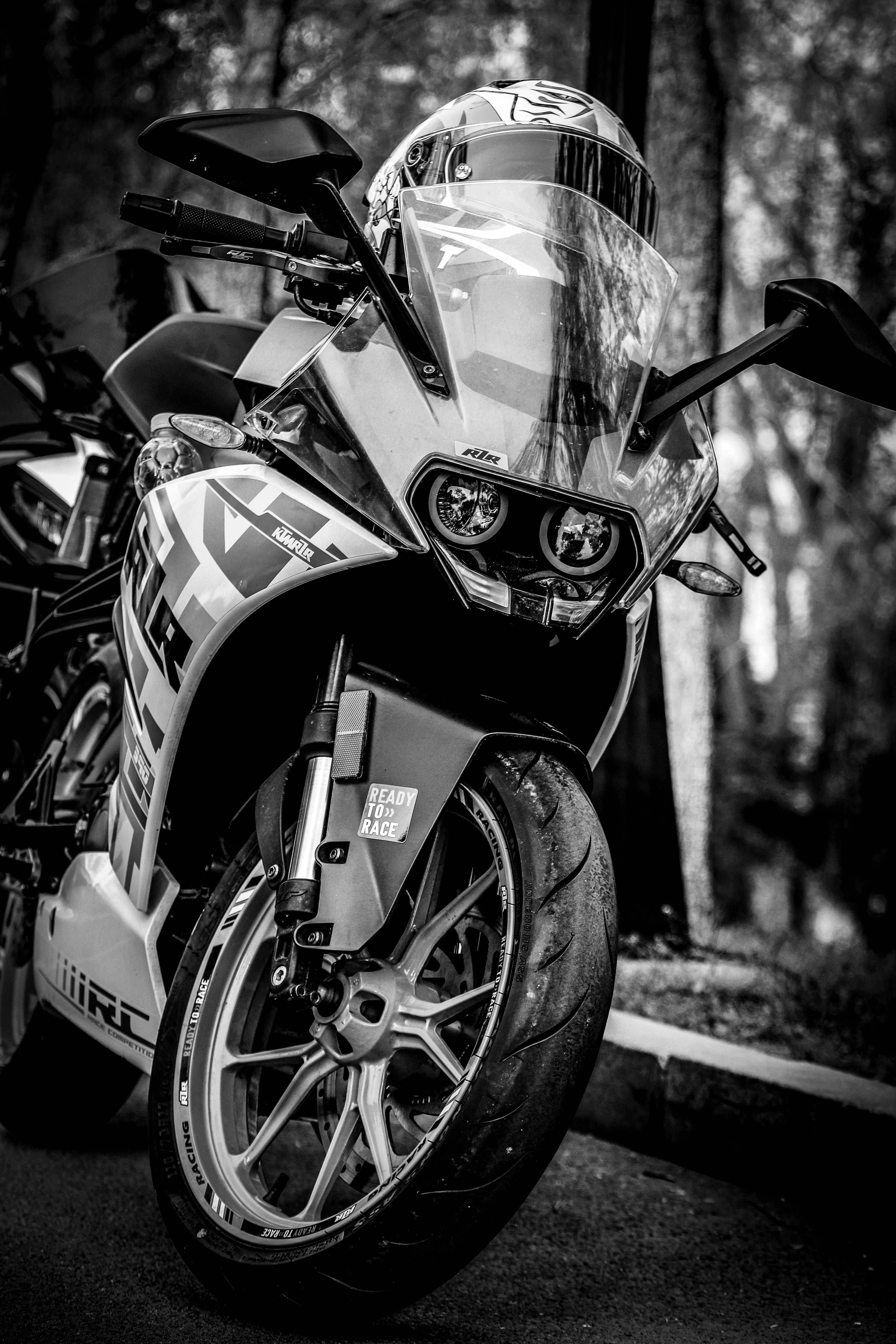 KTM RC 390, black and white, helmet, 5K Phone Wallpaper