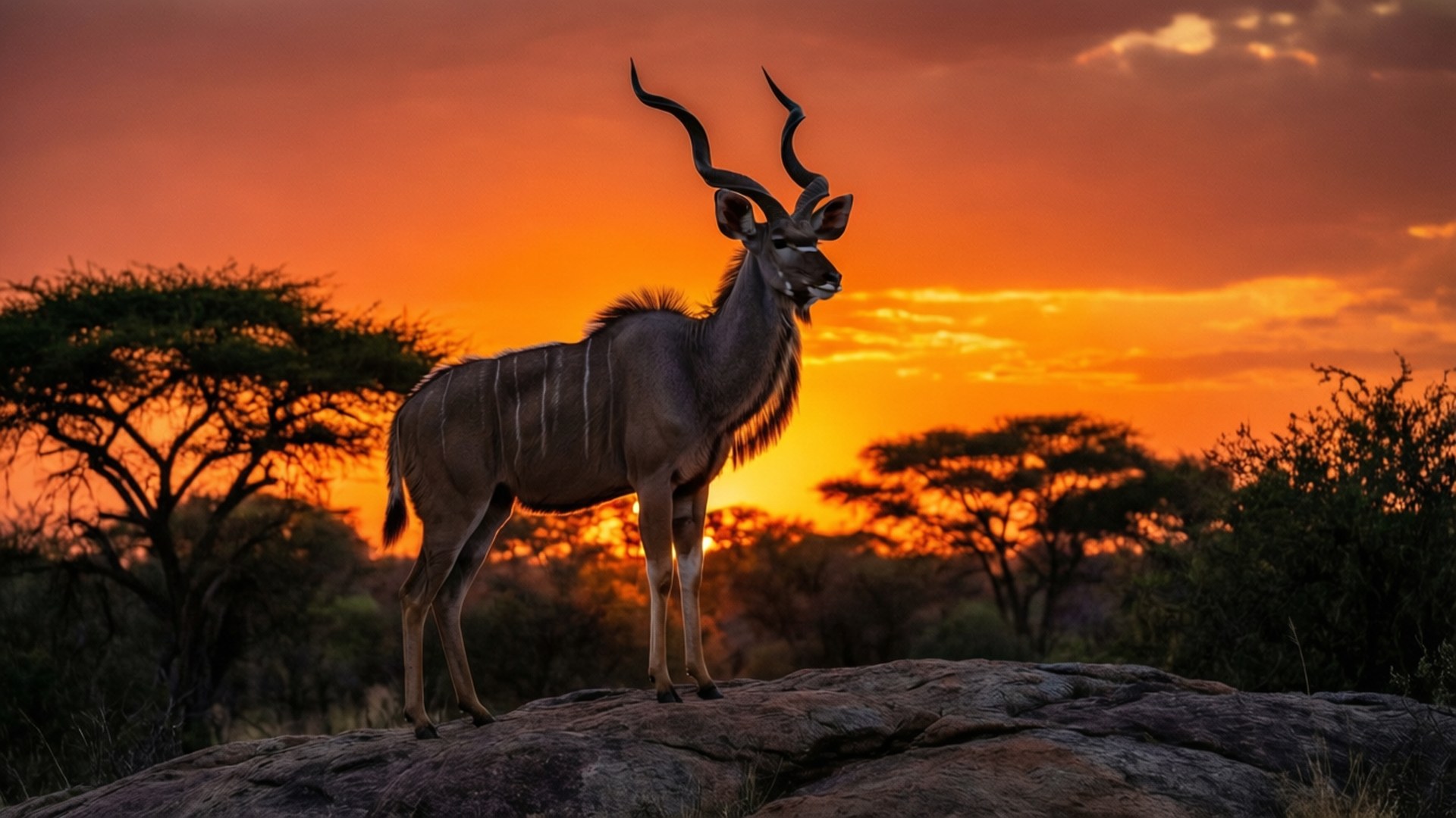 Kudu, sunset, rocky outcrop, Full HD Desktop Wallpaper