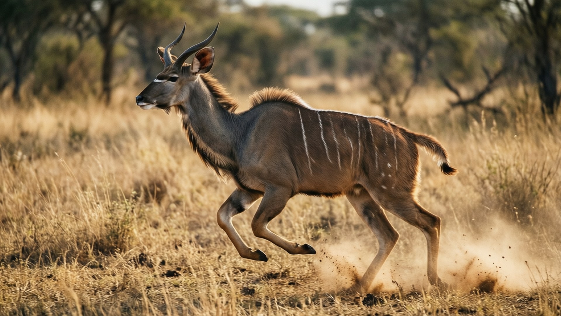 kudu, running, dry grass, Full HD Desktop Wallpaper