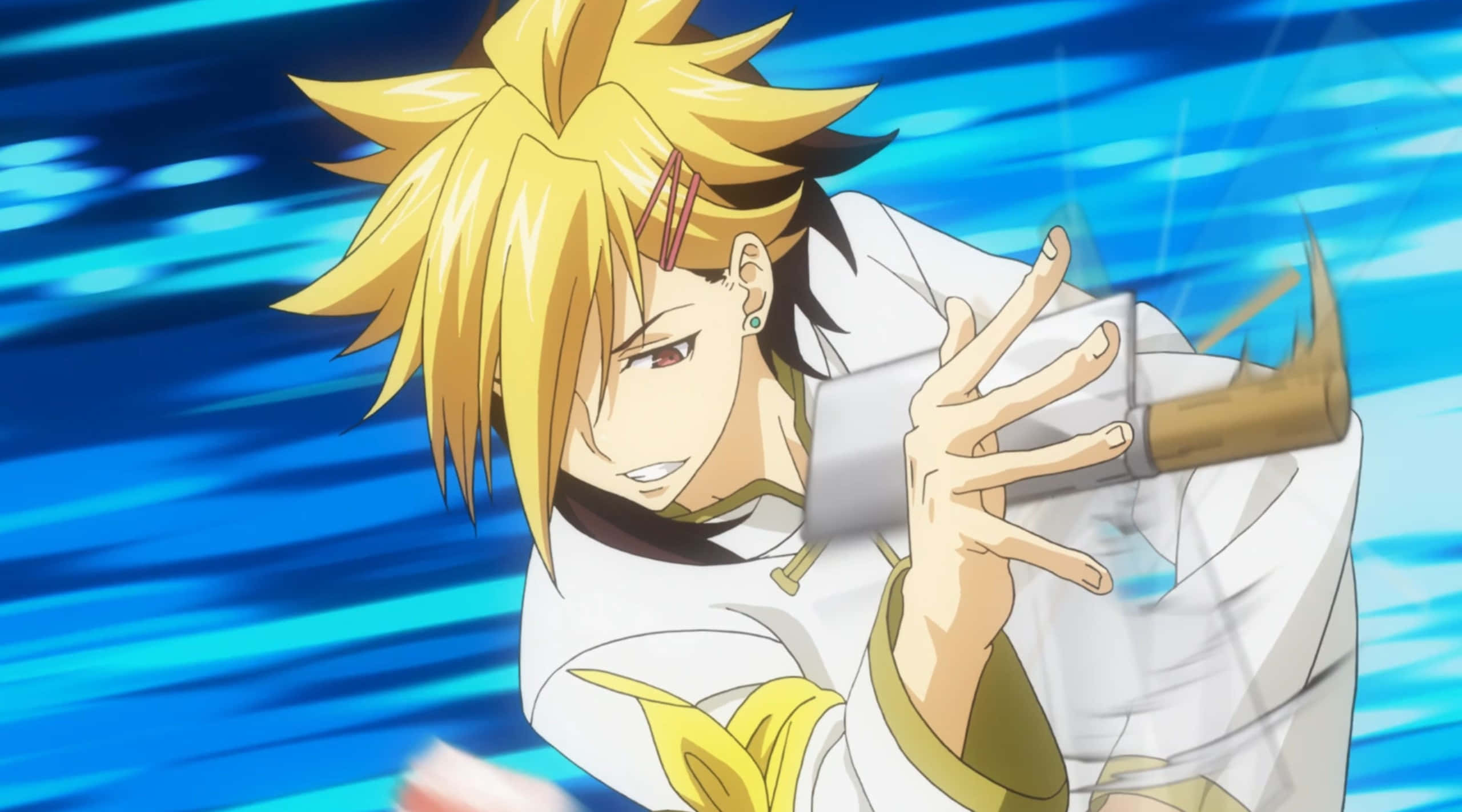 Kuga Terunori, spiky blonde anime boy, white robe, 2K Desktop Wallpaper